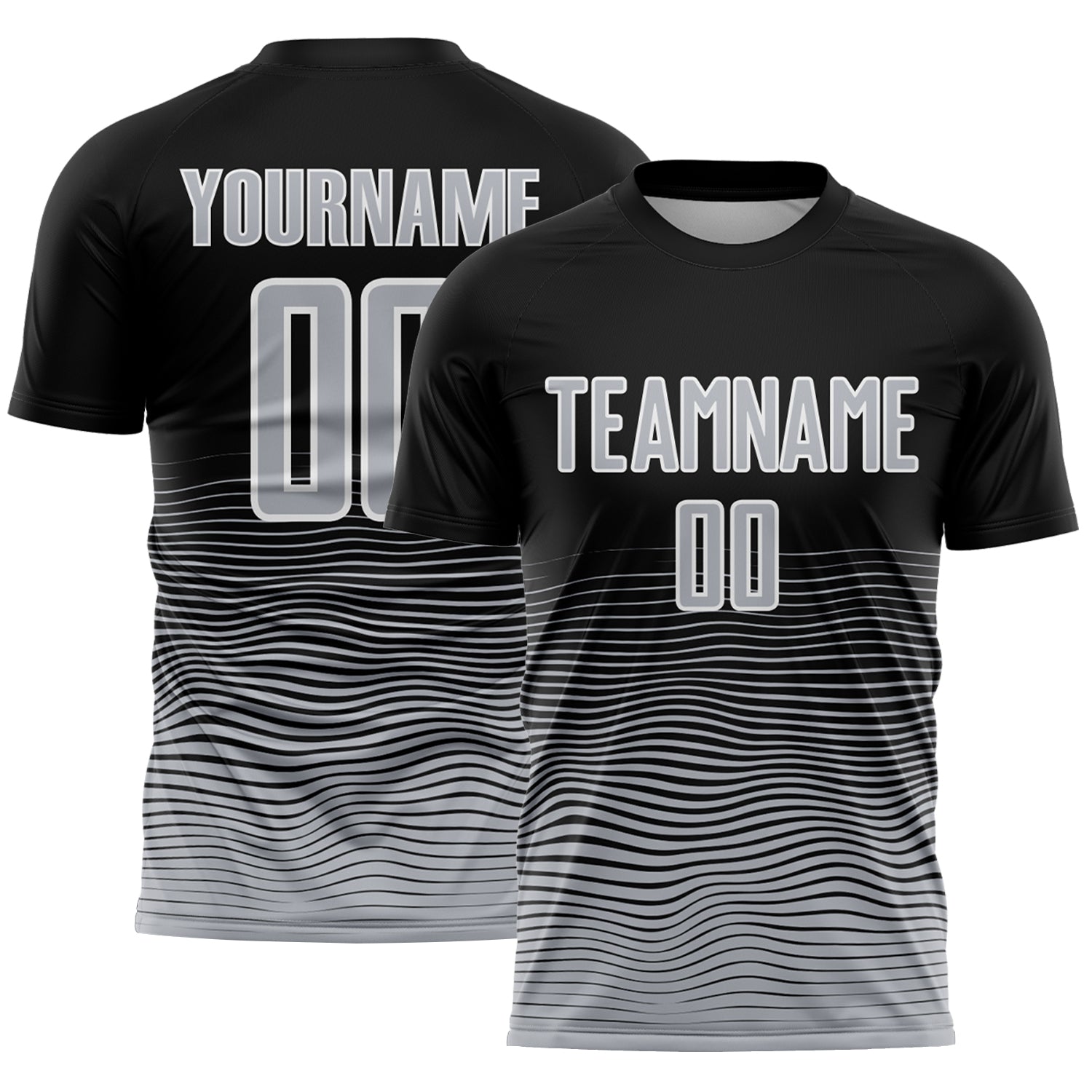 Custom Black Gray-White Gradient Wave Line Sports Sublimation Soccer Uniform Jersey - Main View