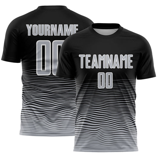 Custom Black Gray-White Gradient Wave Line Sports Sublimation Soccer Uniform Jersey - Main View
