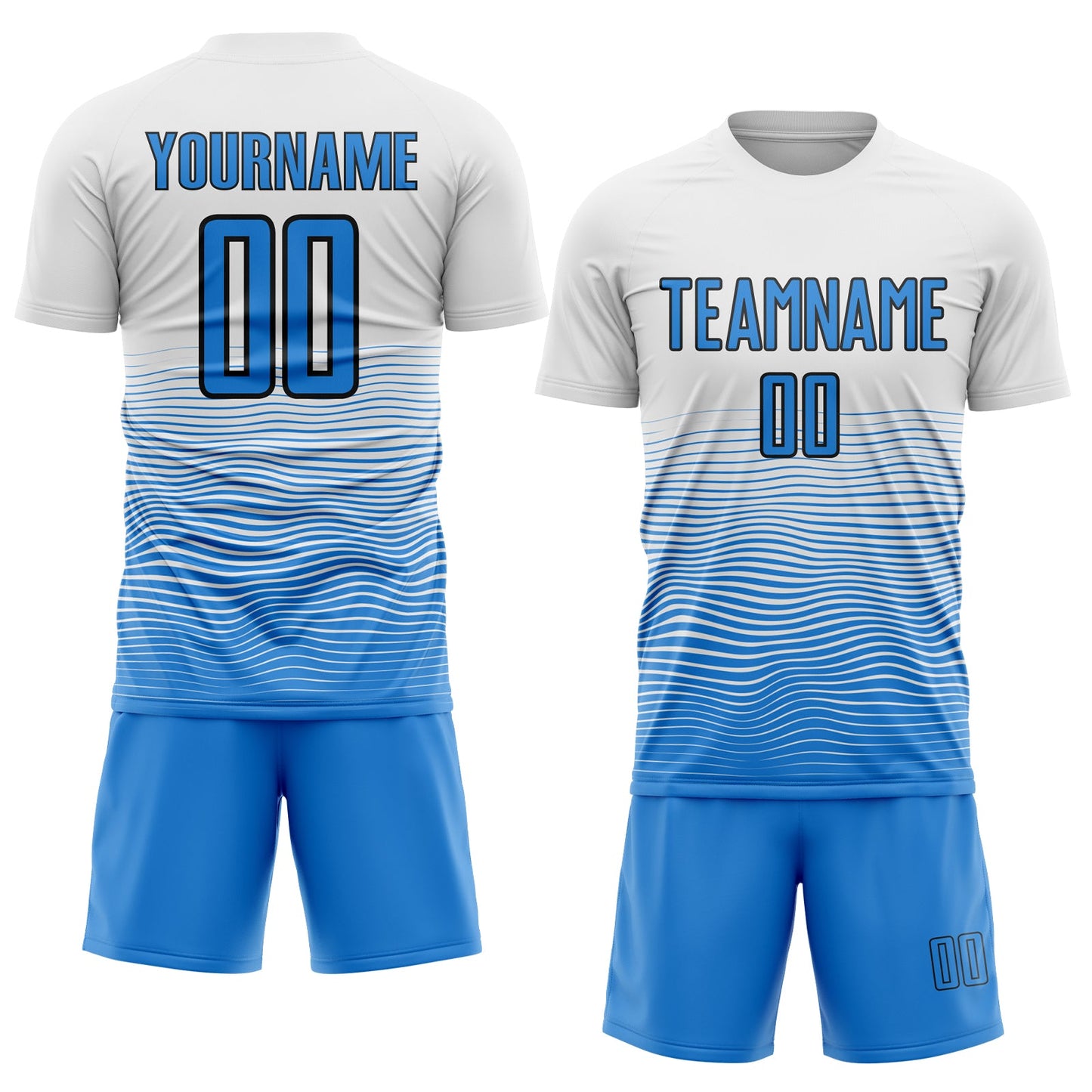 Custom White Powder Blue-Black Gradient Wave Line Sports Sublimation Soccer Uniform Jersey view 2