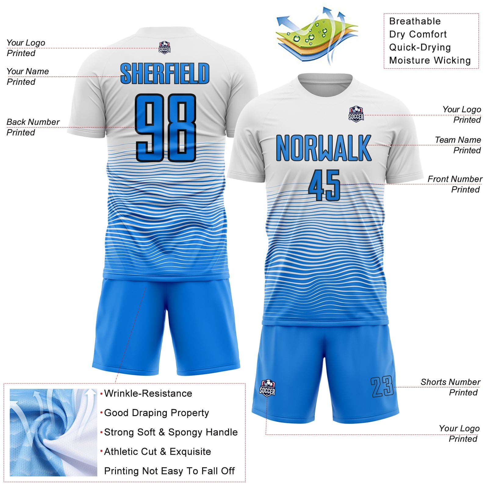 Custom White Powder Blue-Black Gradient Wave Line Sports Sublimation Soccer Uniform Jersey view 4