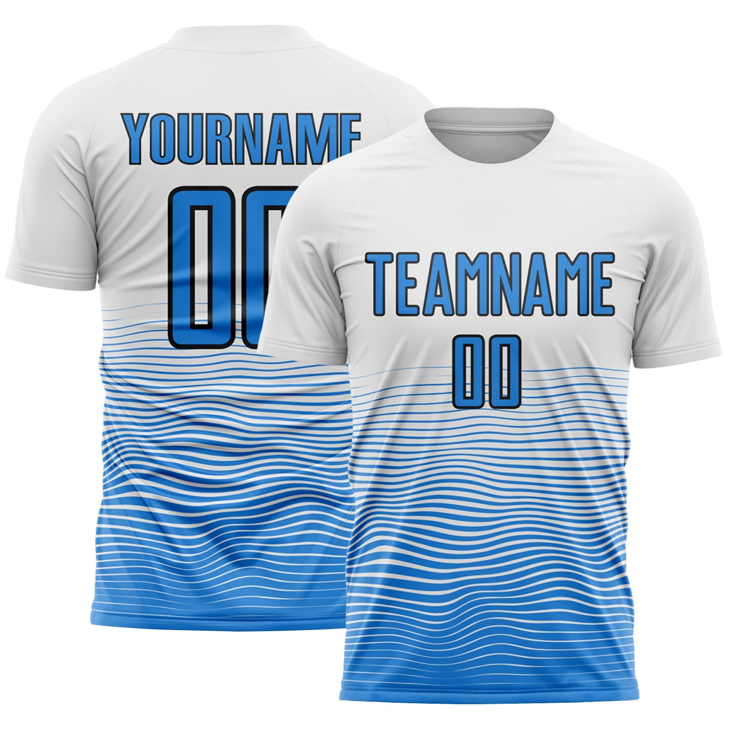 Custom White Powder Blue-Black Gradient Wave Line Sports Sublimation Soccer Uniform Jersey - Main View