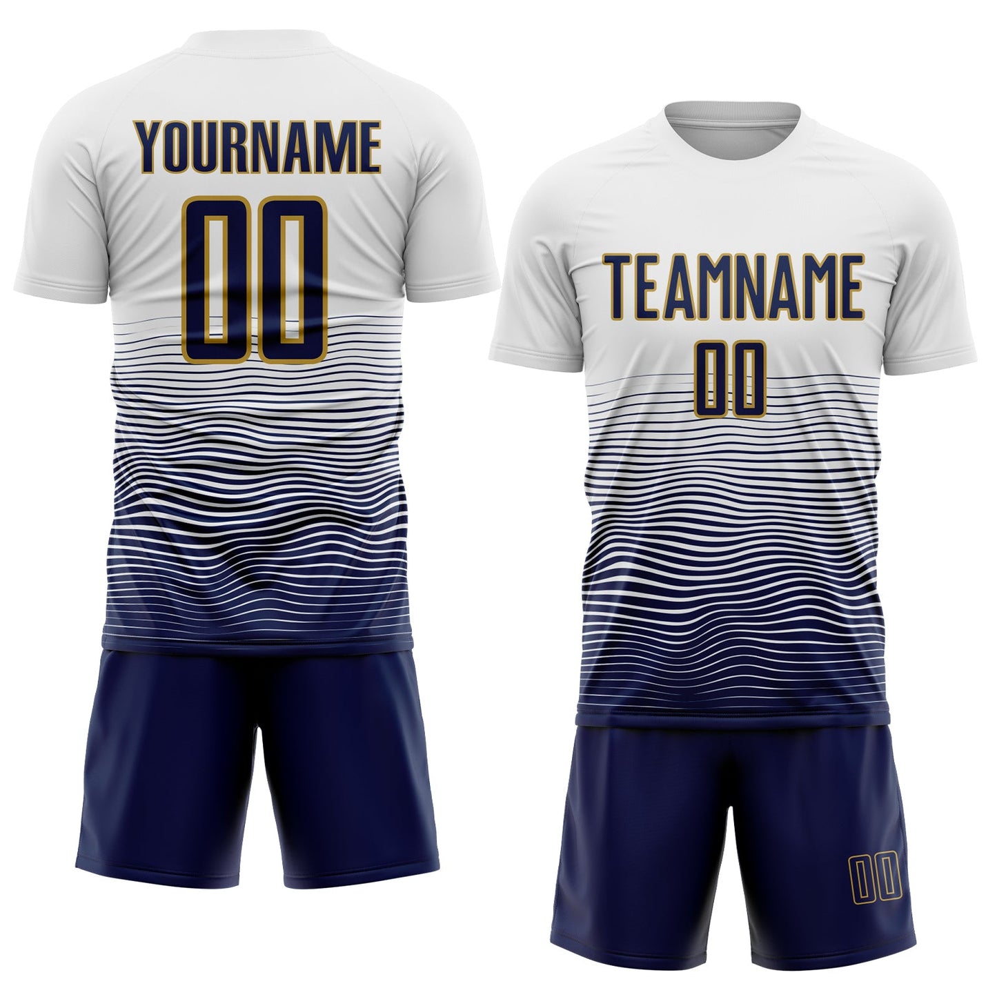 Custom White Navy-Old Gold Gradient Wave Line Sports Sublimation Soccer Uniform Jersey view 2