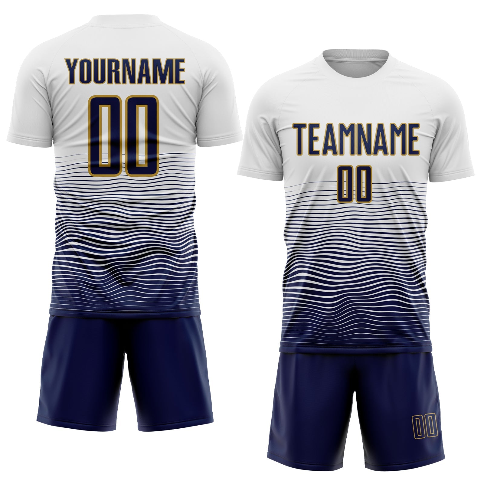 Custom White Navy-Old Gold Gradient Wave Line Sports Sublimation Soccer Uniform Jersey view 2