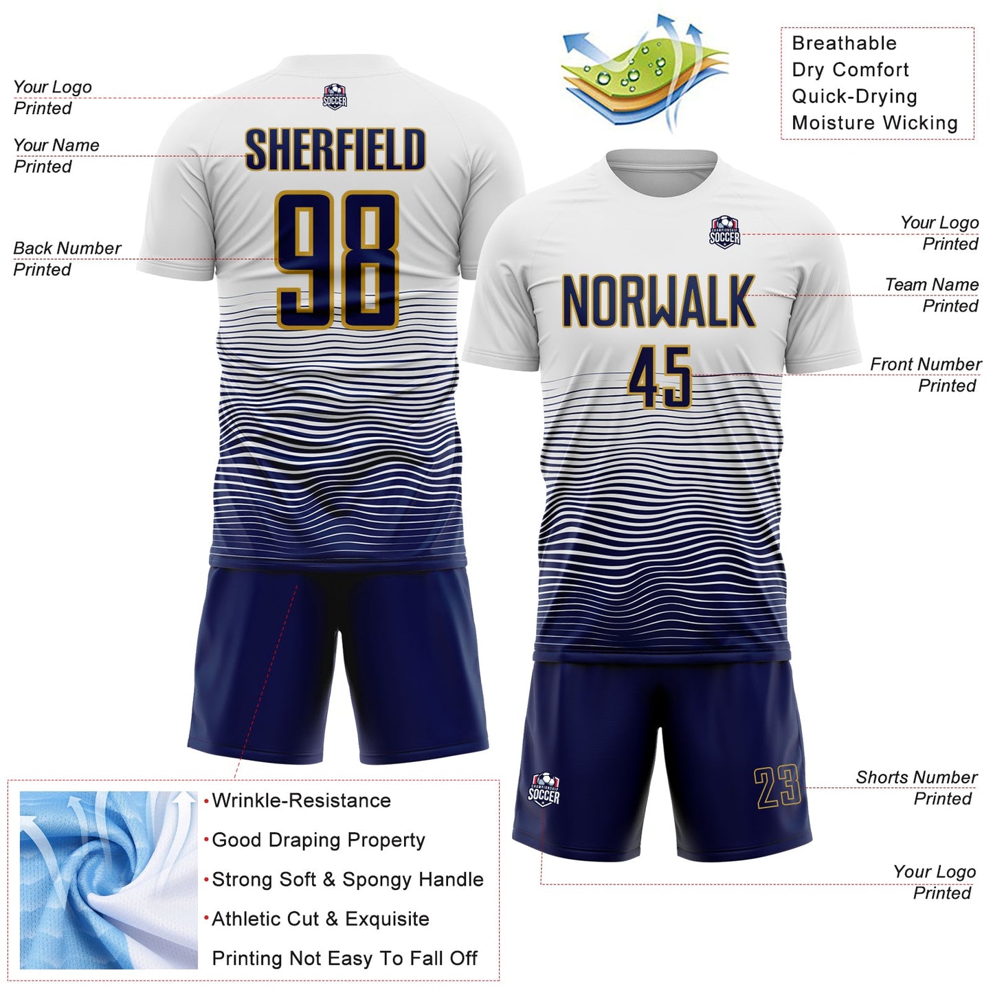 Custom White Navy-Old Gold Gradient Wave Line Sports Sublimation Soccer Uniform Jersey view 4