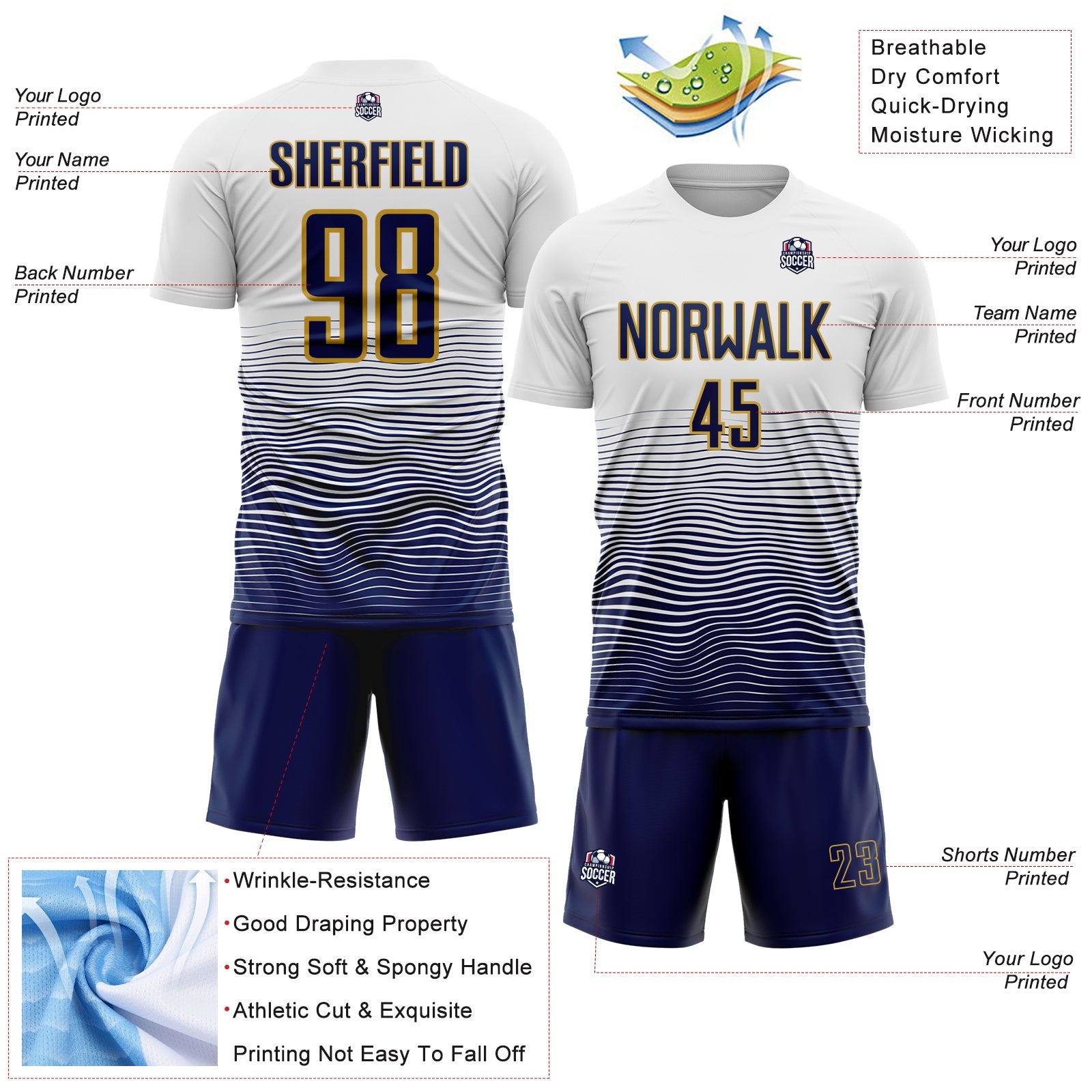 Custom White Navy-Old Gold Gradient Wave Line Sports Sublimation Soccer Uniform Jersey view 4