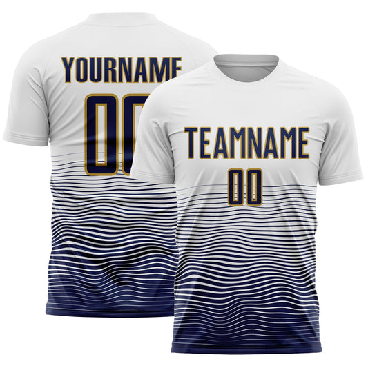 Custom White Navy-Old Gold Gradient Wave Line Sports Sublimation Soccer Uniform Jersey - Main View