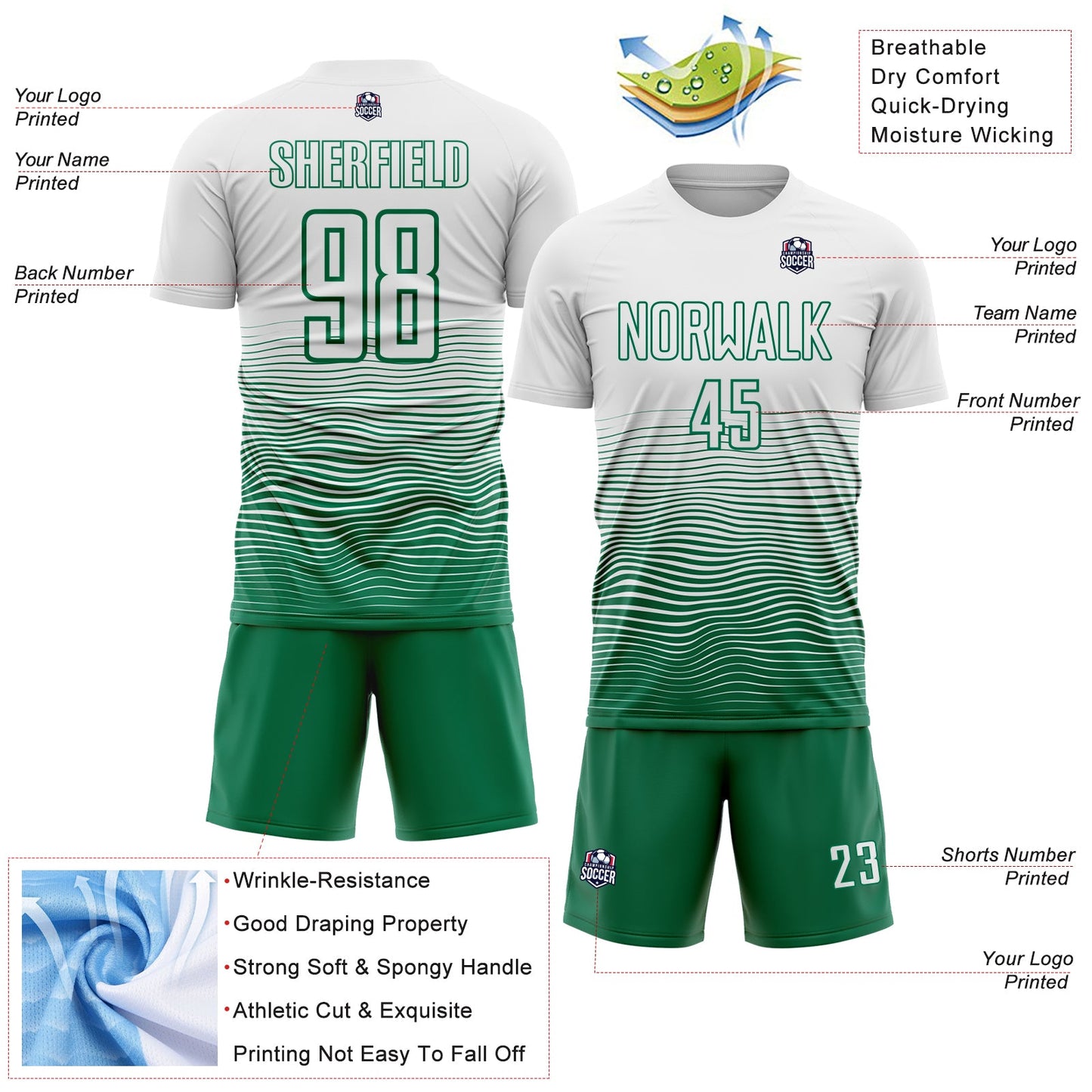 Custom White Kelly Green Gradient Wave Line Sports Sublimation Soccer Uniform Jersey view 4
