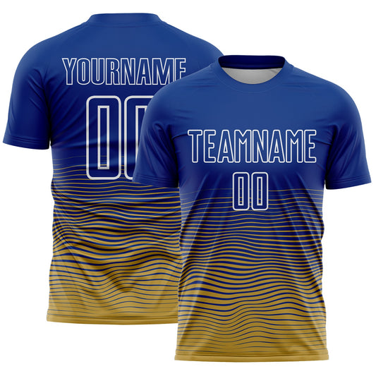 Custom Royal White-Old Gold Gradient Wave Line Sports Sublimation Soccer Uniform Jersey - Main View
