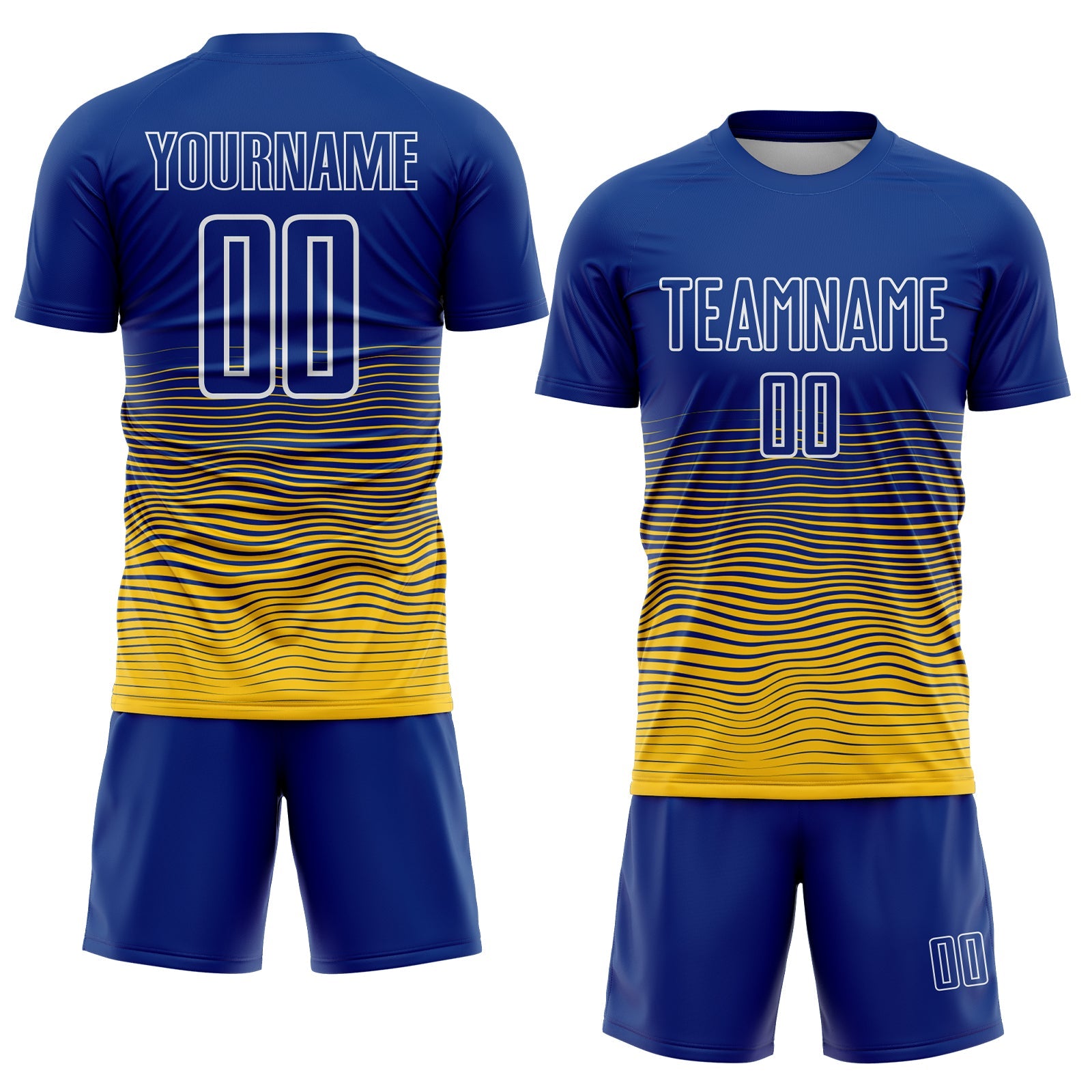 Custom Royal White-Yellow Gradient Wave Line Sports Sublimation Soccer Uniform Jersey view 2