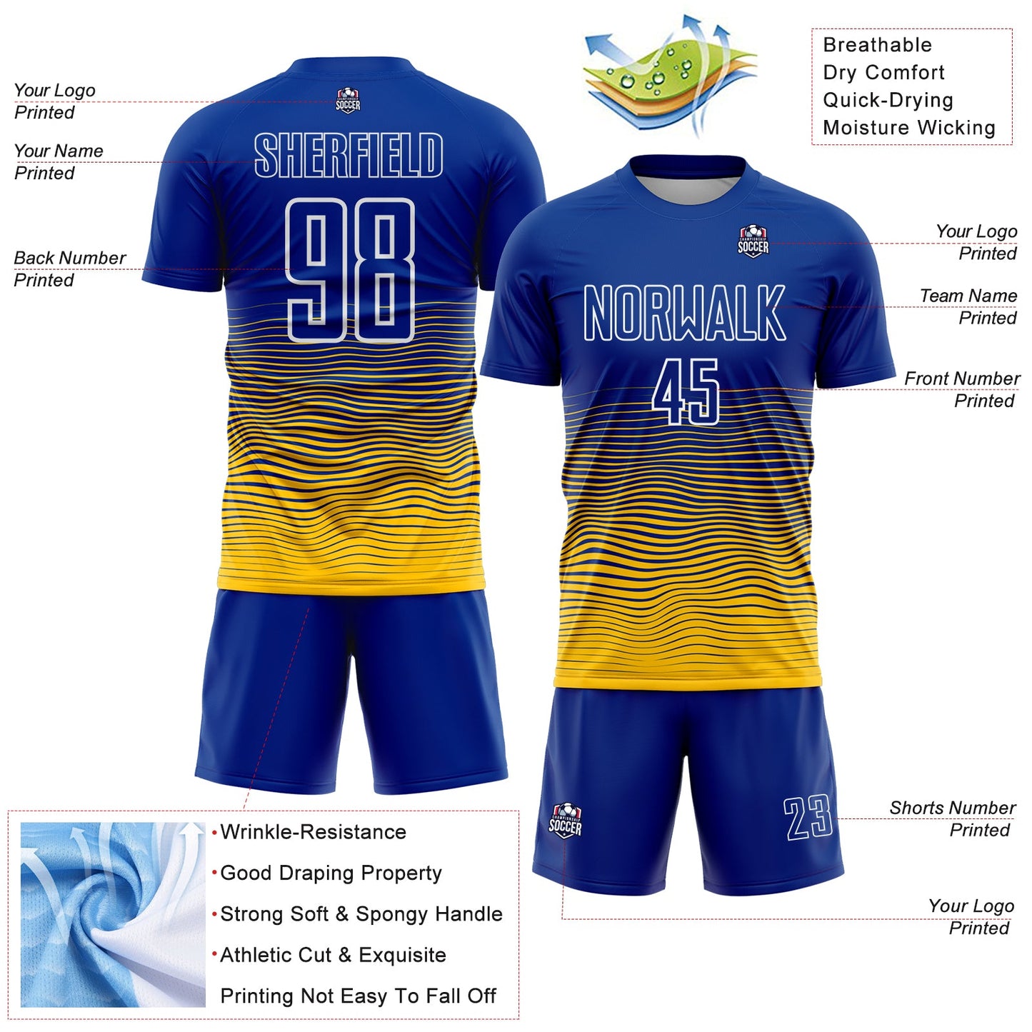 Custom Royal White-Yellow Gradient Wave Line Sports Sublimation Soccer Uniform Jersey view 4