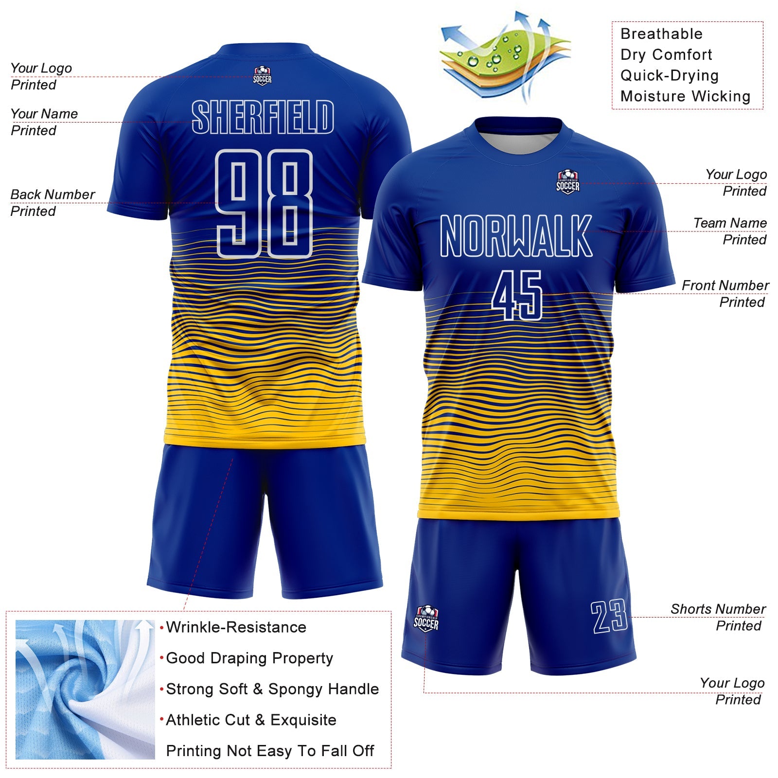 Custom Royal White-Yellow Gradient Wave Line Sports Sublimation Soccer Uniform Jersey view 4