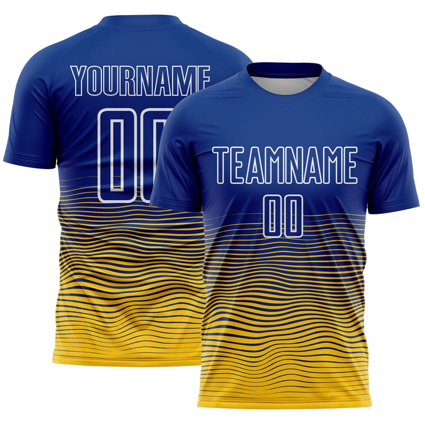 Custom Royal White-Yellow Gradient Wave Line Sports Sublimation Soccer Uniform Jersey - Main View