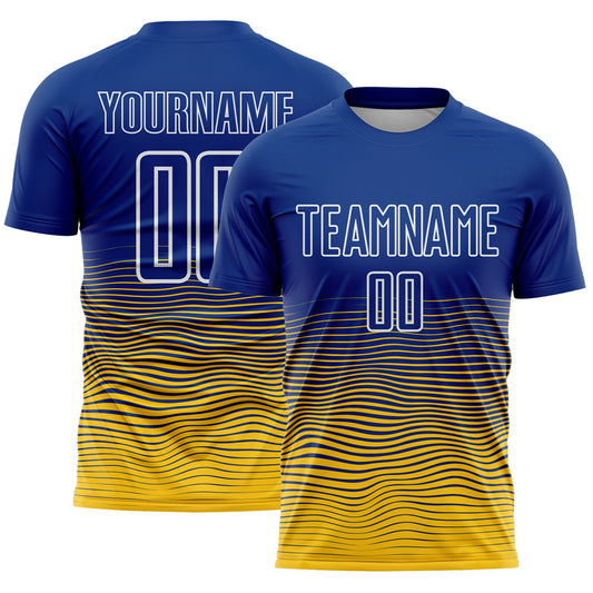 Custom Royal White-Yellow Gradient Wave Line Sports Sublimation Soccer Uniform Jersey - Main View