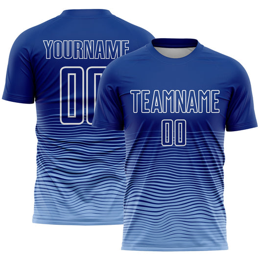 Custom Royal White-Light Blue Gradient Wave Line Sports Sublimation Soccer Uniform Jersey - Main View