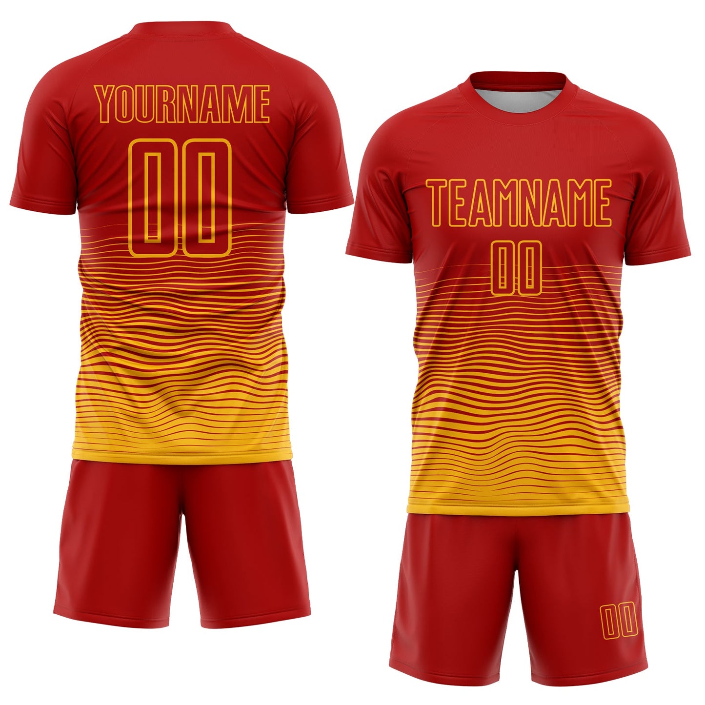Custom Red Gold Gradient Wave Line Sports Sublimation Soccer Uniform Jersey view 2