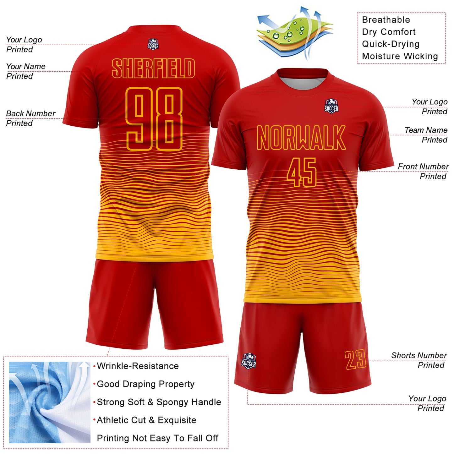 Custom Red Gold Gradient Wave Line Sports Sublimation Soccer Uniform Jersey view 4