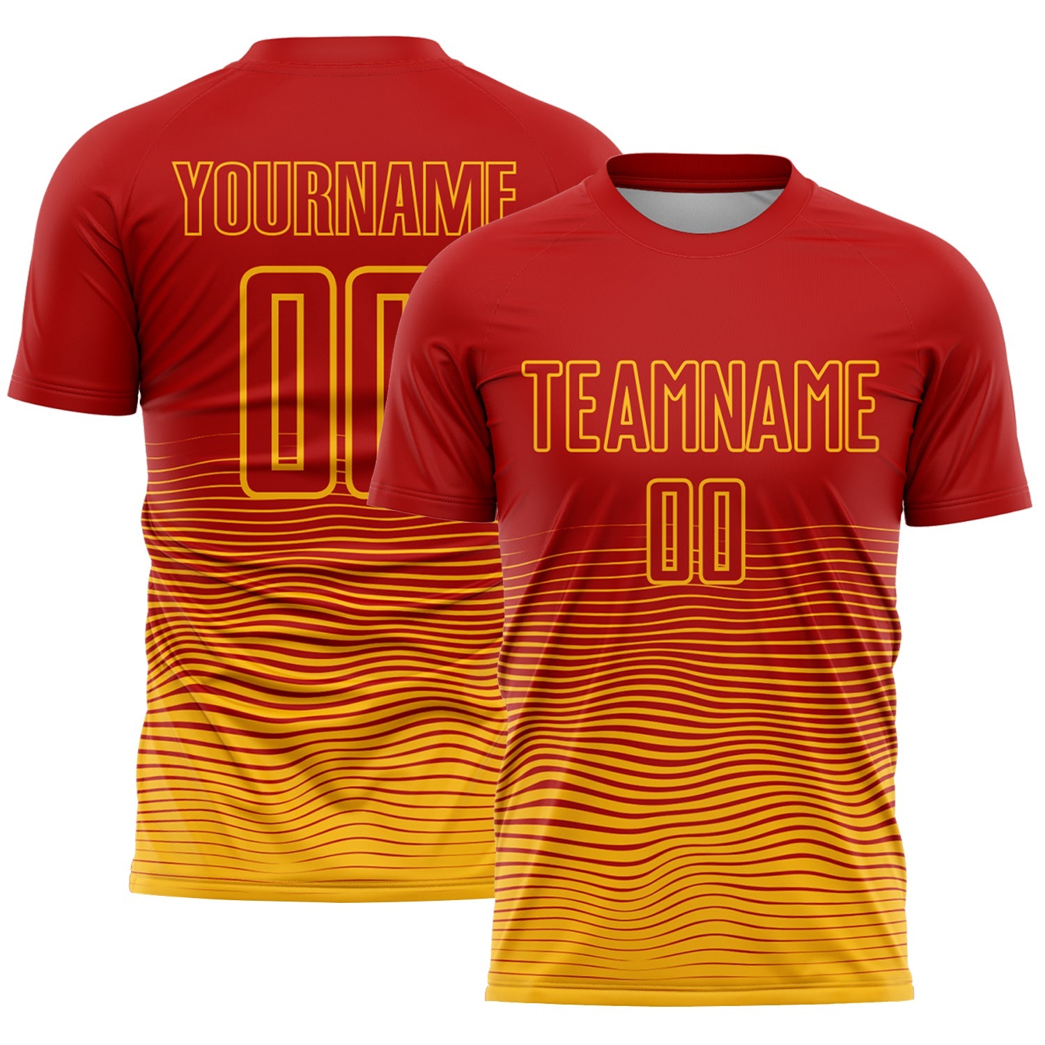 Custom Red Gold Gradient Wave Line Sports Sublimation Soccer Uniform Jersey - Main View