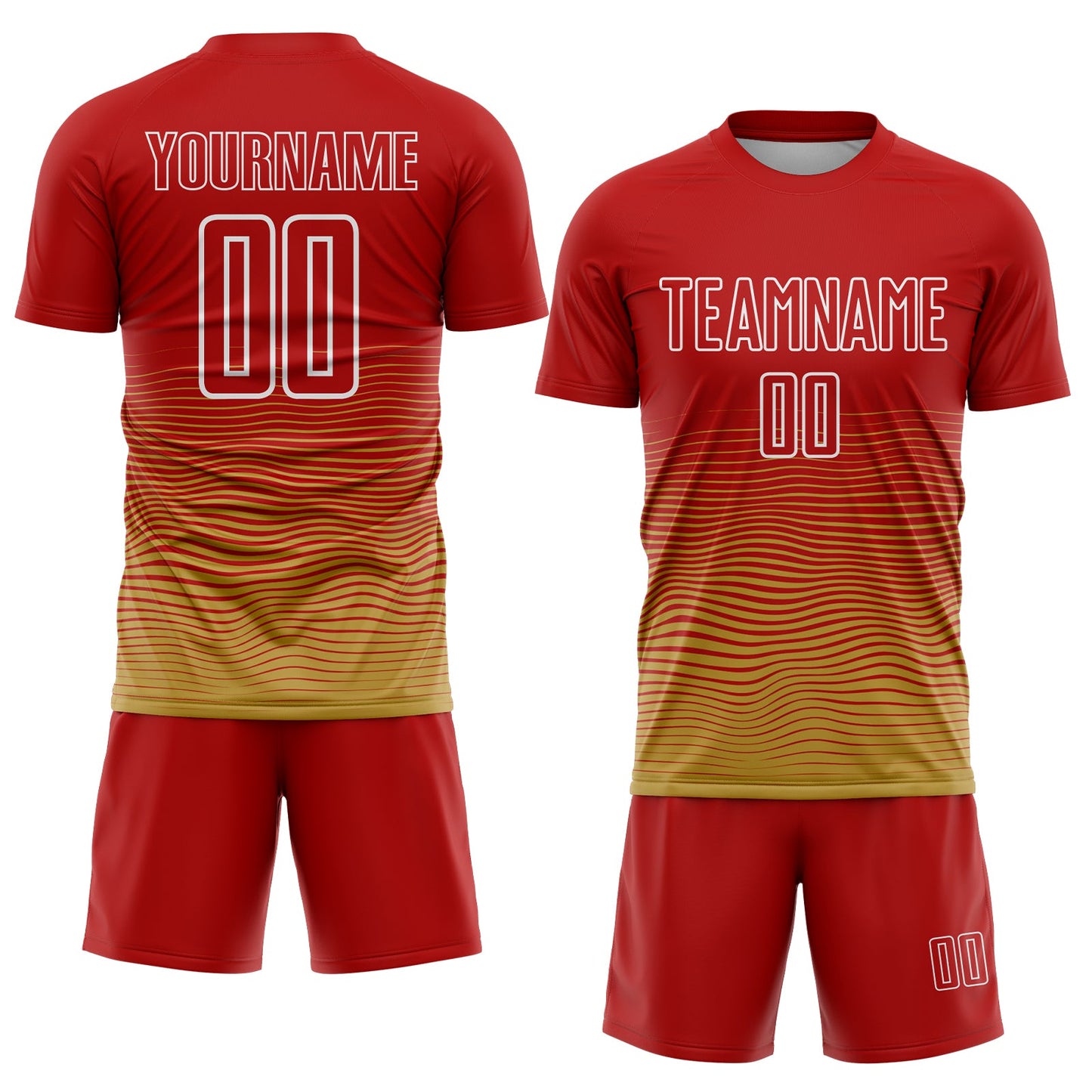 Custom Red White-Old Gold Gradient Wave Line Sports Sublimation Soccer Uniform Jersey view 2