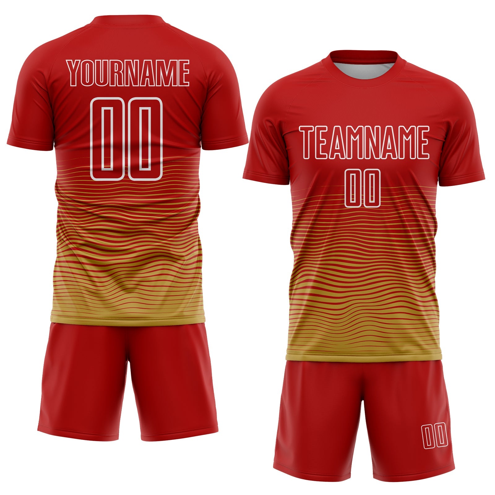 Custom Red White-Old Gold Gradient Wave Line Sports Sublimation Soccer Uniform Jersey view 2