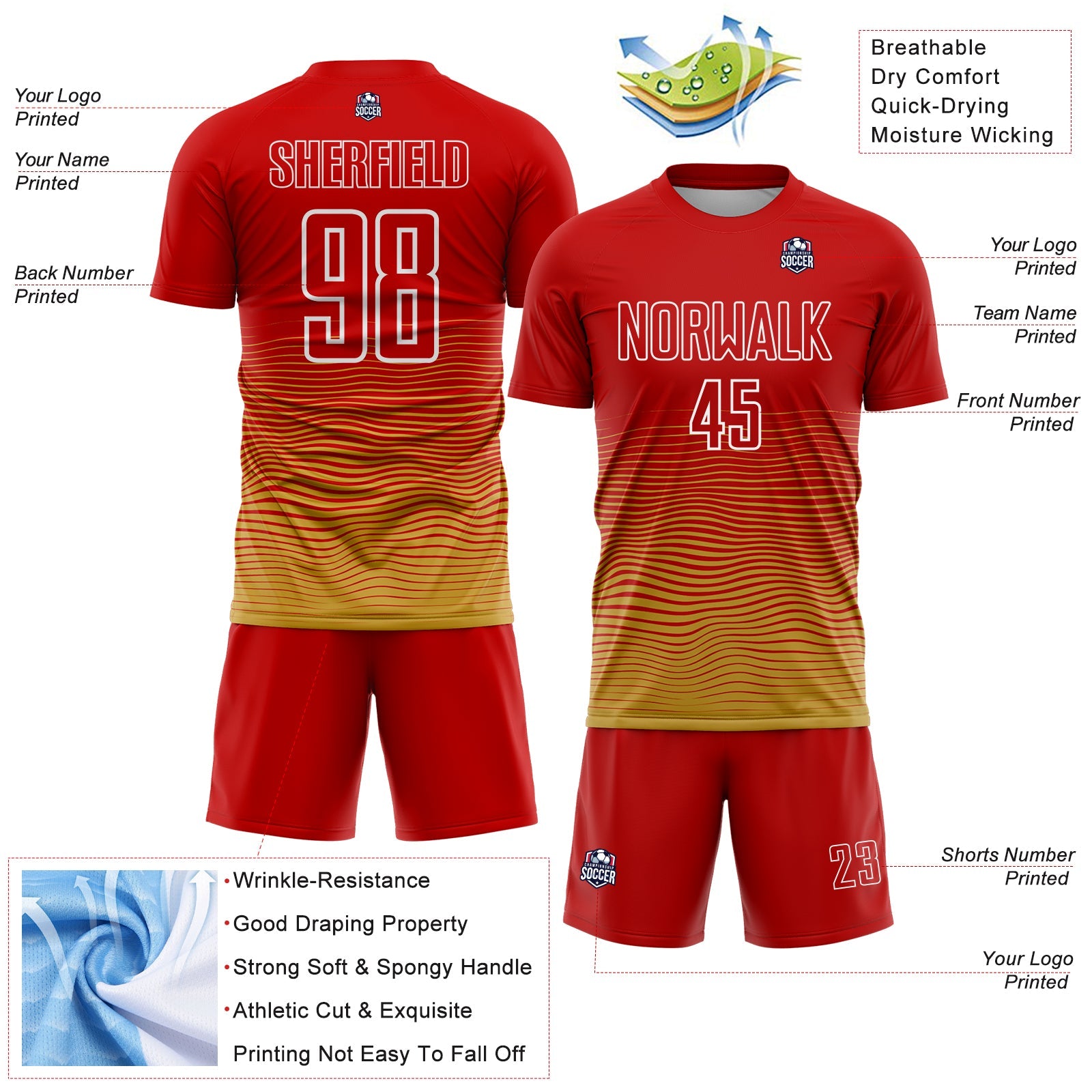 Custom Red White-Old Gold Gradient Wave Line Sports Sublimation Soccer Uniform Jersey view 4