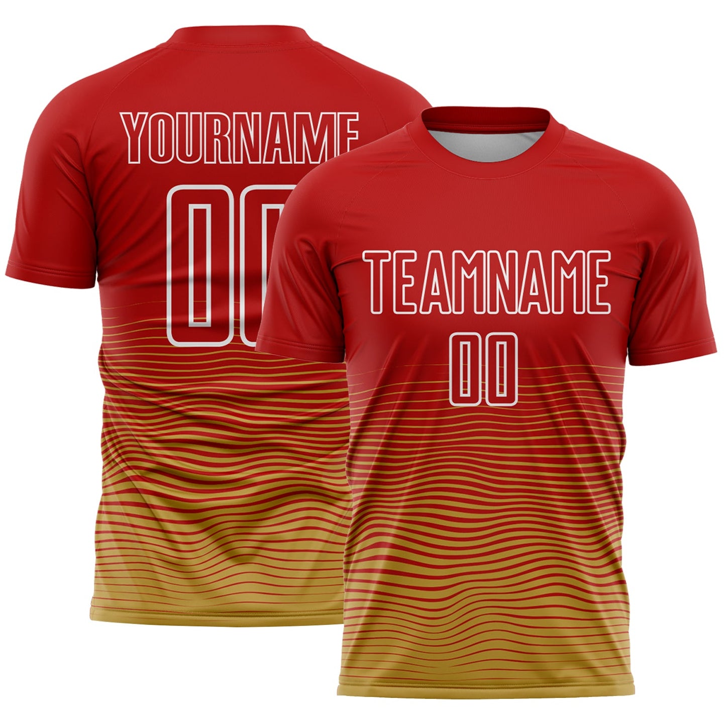 Custom Red White-Old Gold Gradient Wave Line Sports Sublimation Soccer Uniform Jersey - Main View