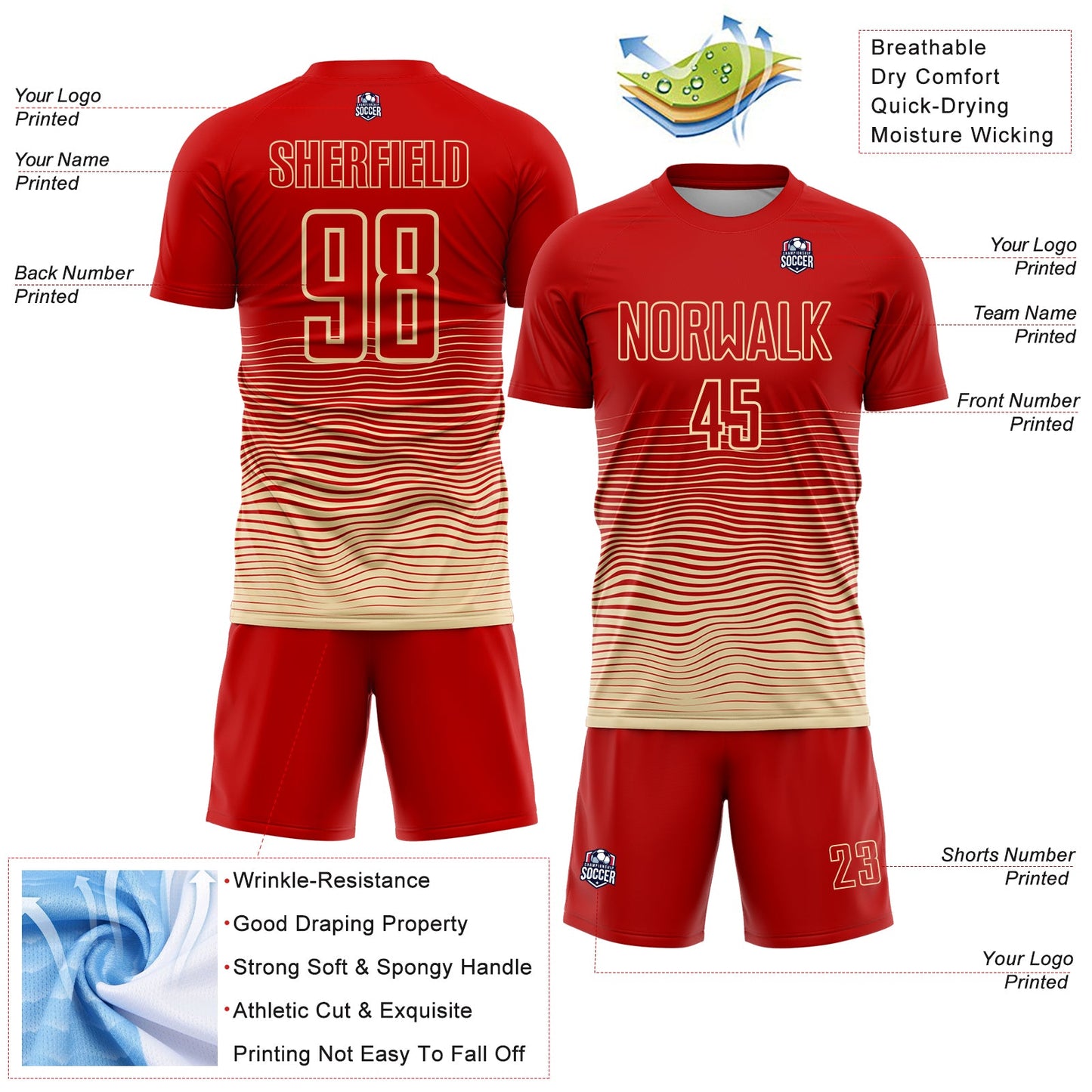 Custom Red Cream Gradient Wave Line Sports Sublimation Soccer Uniform Jersey view 4