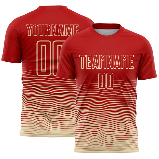 Custom Red Cream Gradient Wave Line Sports Sublimation Soccer Uniform Jersey - Main View