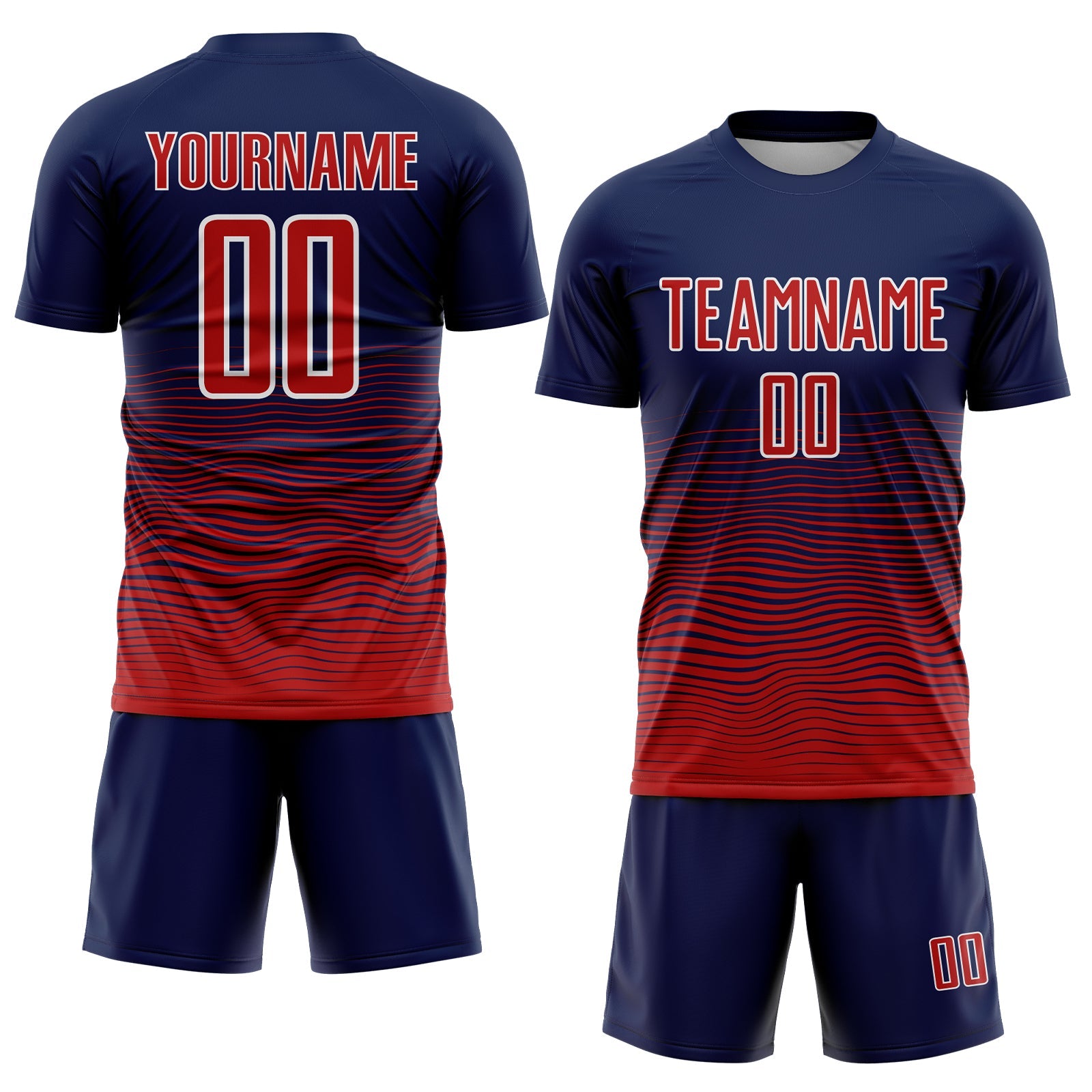 Custom Navy Red-White Gradient Wave Line Sports Sublimation Soccer Uniform Jersey view 2