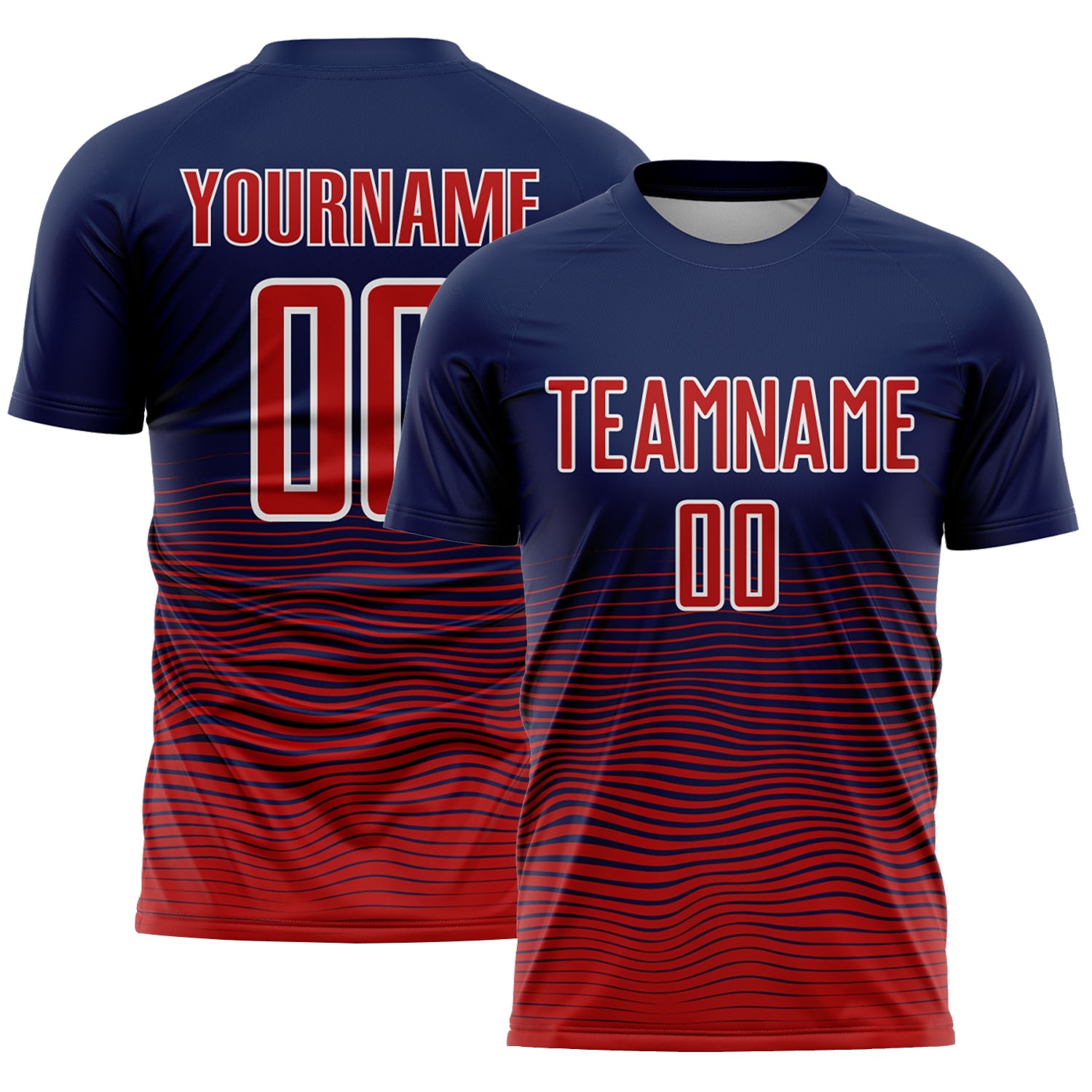 Custom Navy Red-White Gradient Wave Line Sports Sublimation Soccer Uniform Jersey - Main View