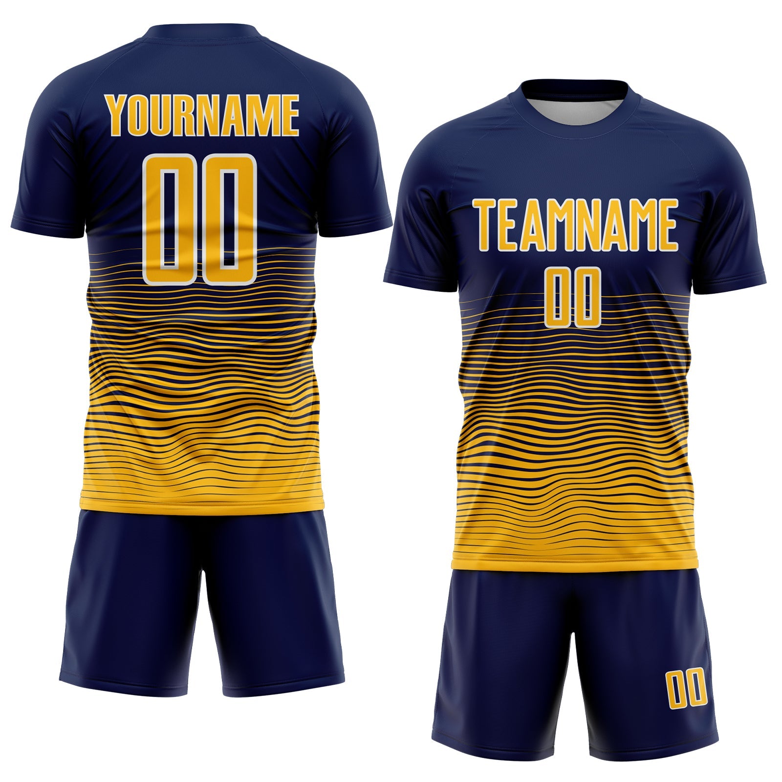 Custom Navy Gold-White Gradient Wave Line Sports Sublimation Soccer Uniform Jersey view 2