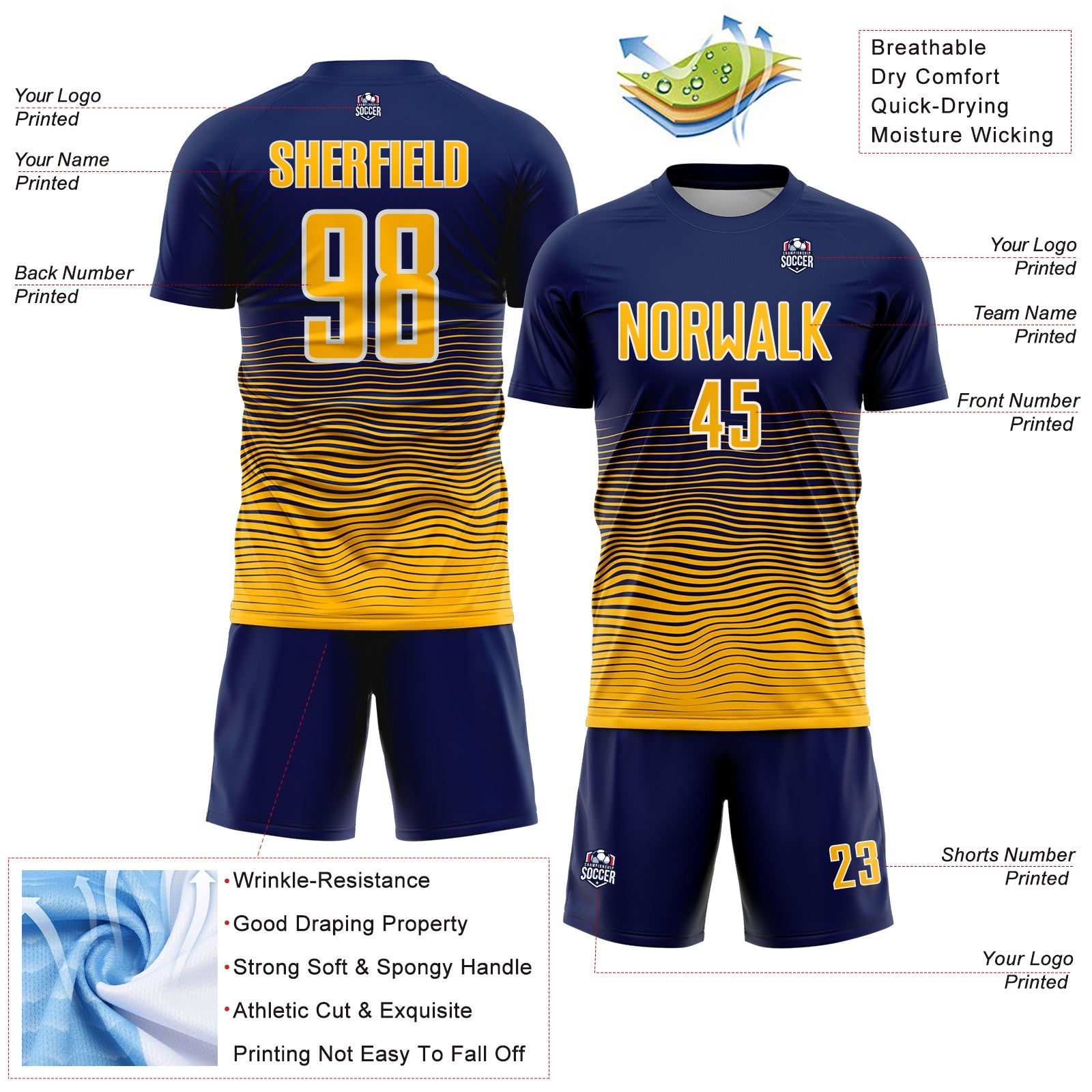 Custom Navy Gold-White Gradient Wave Line Sports Sublimation Soccer Uniform Jersey view 4