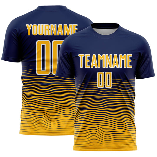 Custom Navy Gold-White Gradient Wave Line Sports Sublimation Soccer Uniform Jersey - Main View