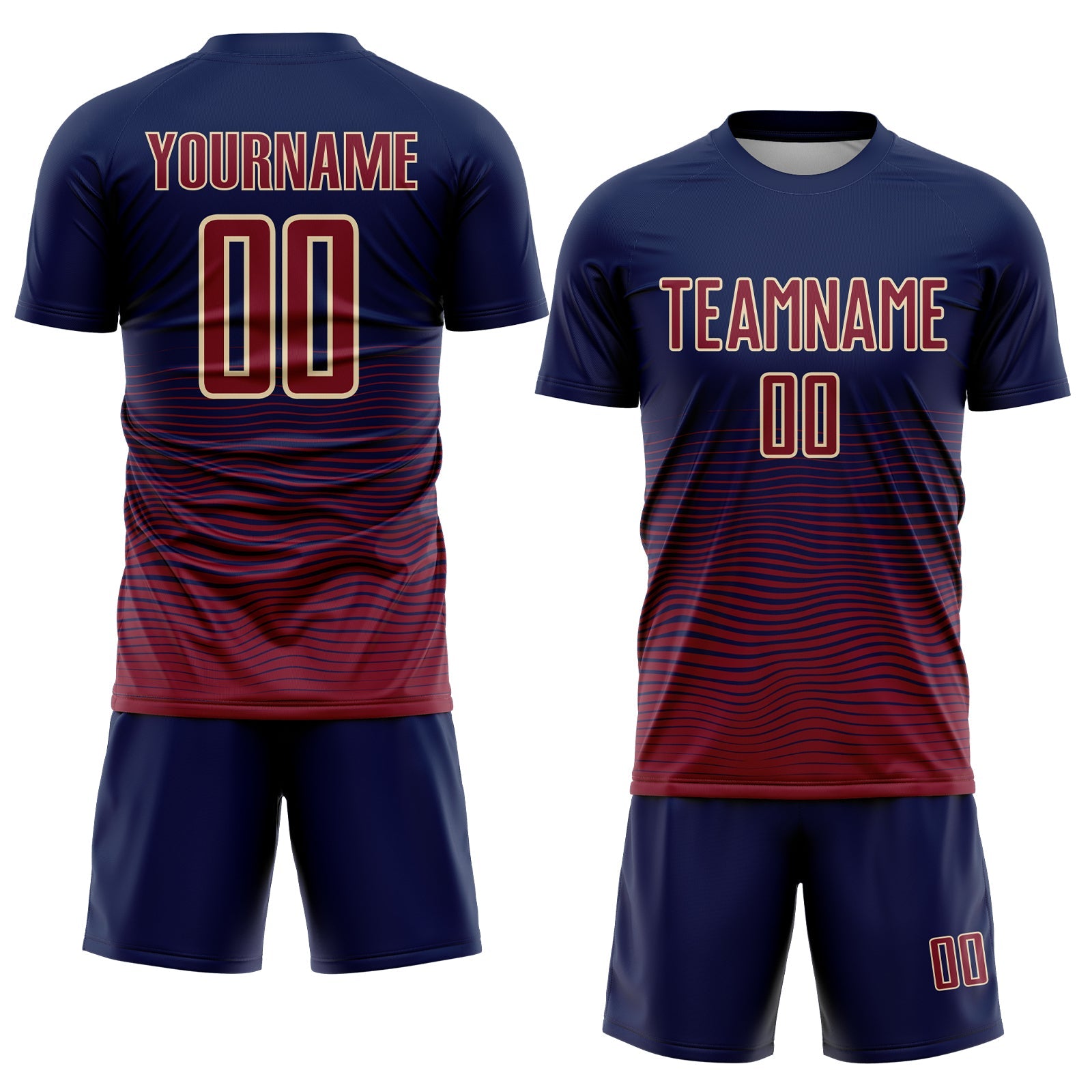 Custom Navy Crimson-Cream Gradient Wave Line Sports Sublimation Soccer Uniform Jersey view 2