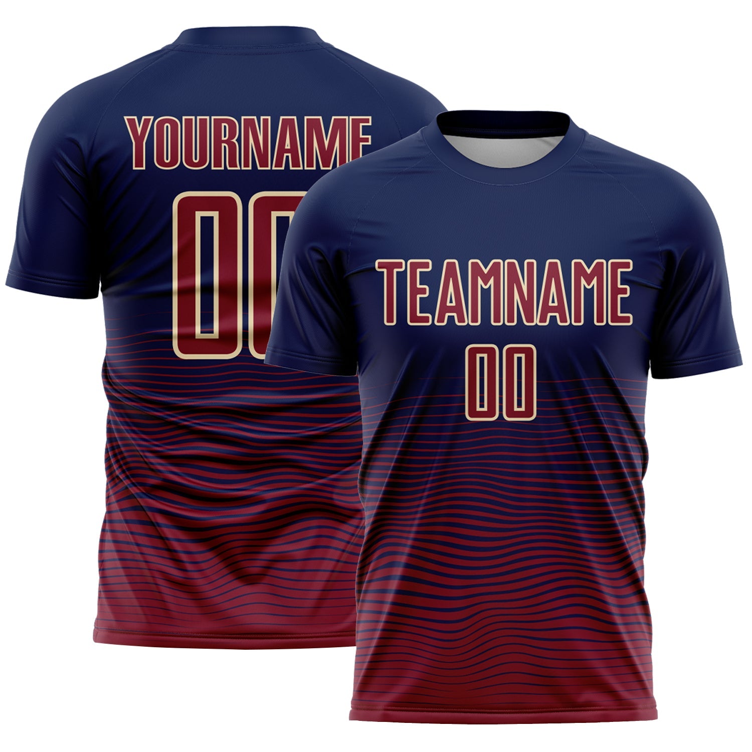 Custom Navy Crimson-Cream Gradient Wave Line Sports Sublimation Soccer Uniform Jersey - Main View
