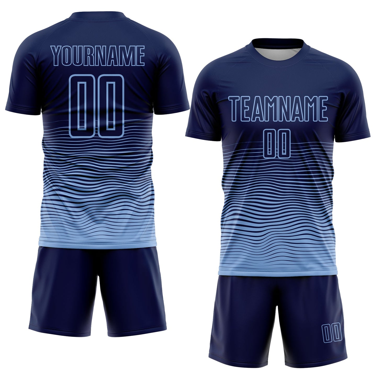 Custom Navy Light Blue Gradient Wave Line Sports Sublimation Soccer Uniform Jersey view 2