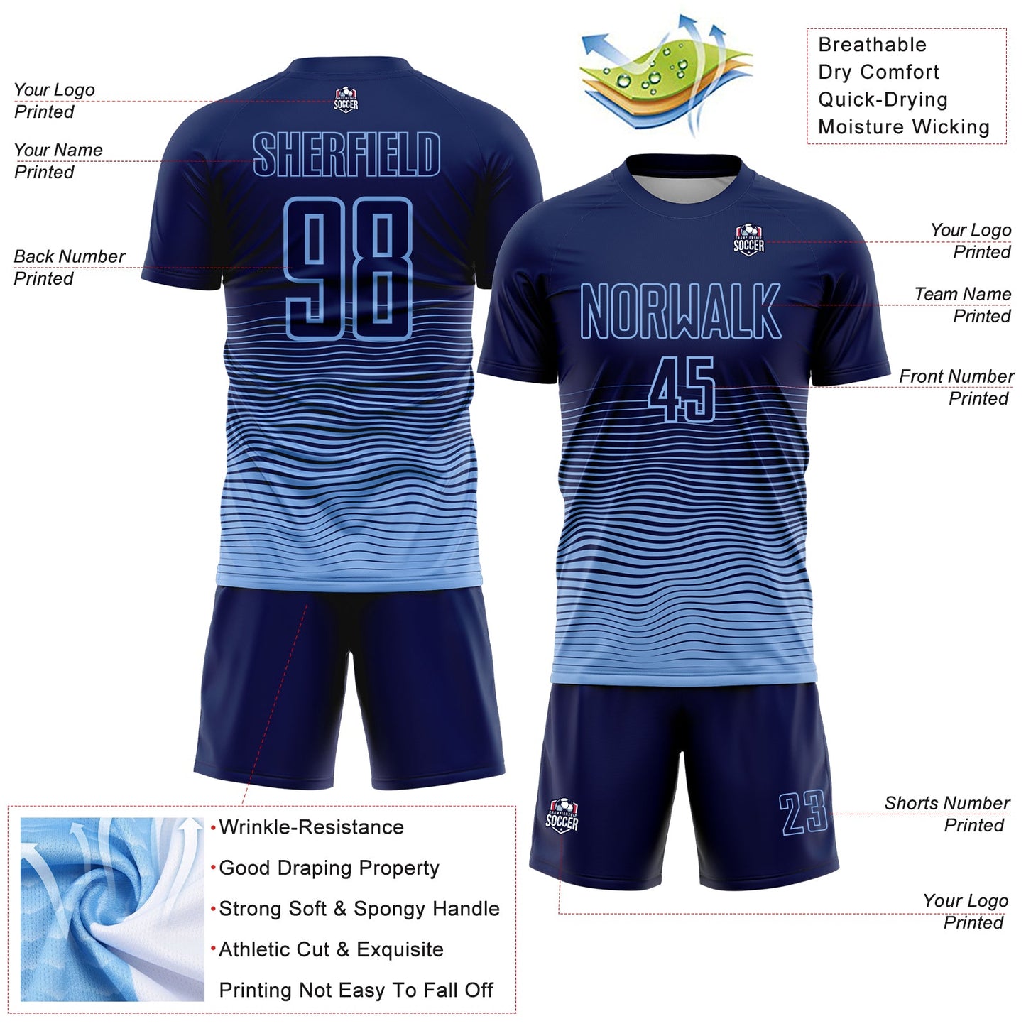 Custom Navy Light Blue Gradient Wave Line Sports Sublimation Soccer Uniform Jersey view 4