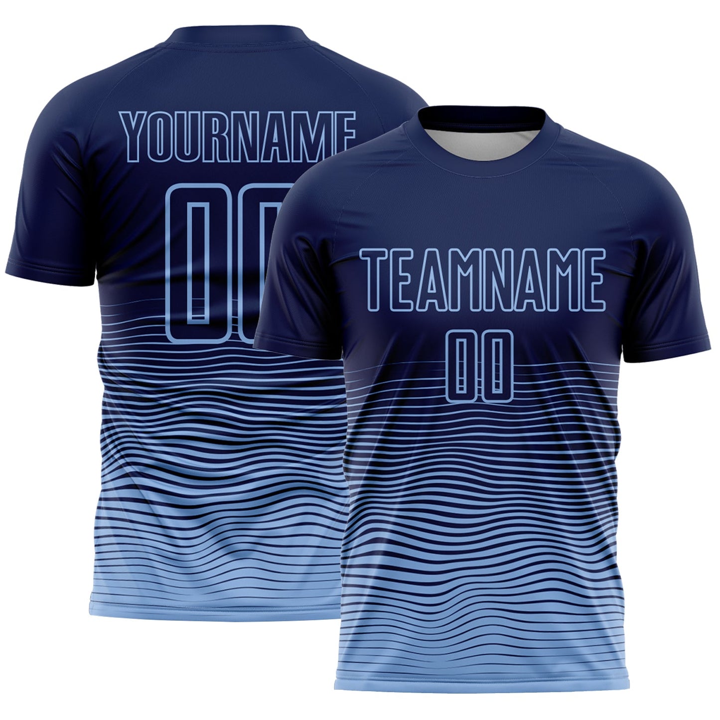 Custom Navy Light Blue Gradient Wave Line Sports Sublimation Soccer Uniform Jersey - Main View