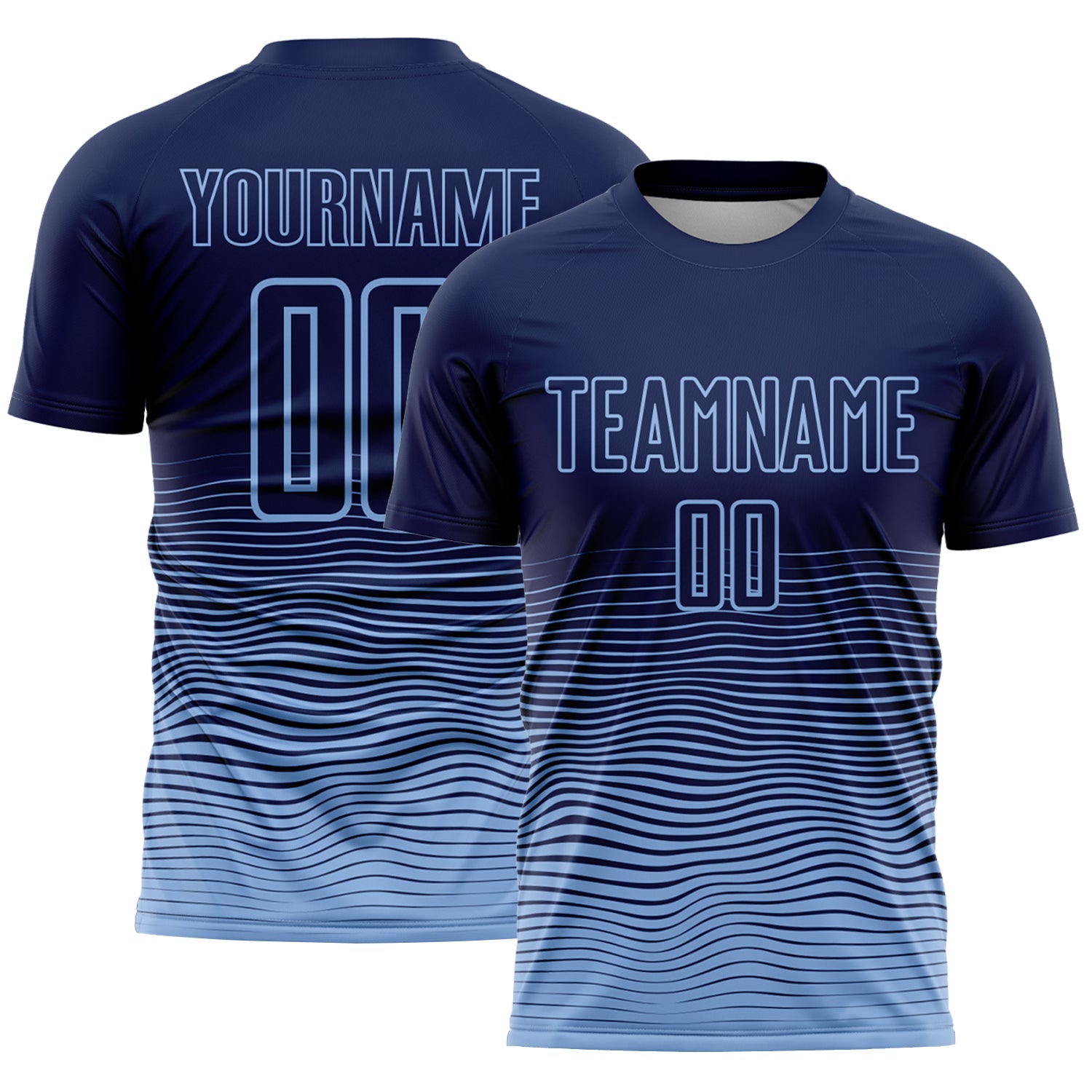 Custom Navy Light Blue Gradient Wave Line Sports Sublimation Soccer Uniform Jersey - Main View