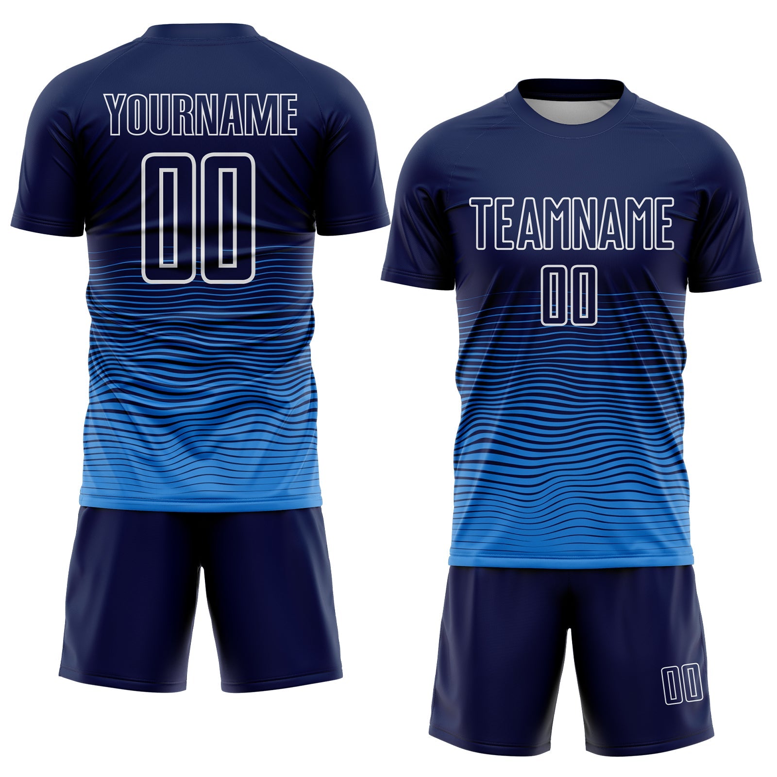 Custom Navy White-Powder Blue Gradient Wave Line Sports Sublimation Soccer Uniform Jersey view 2