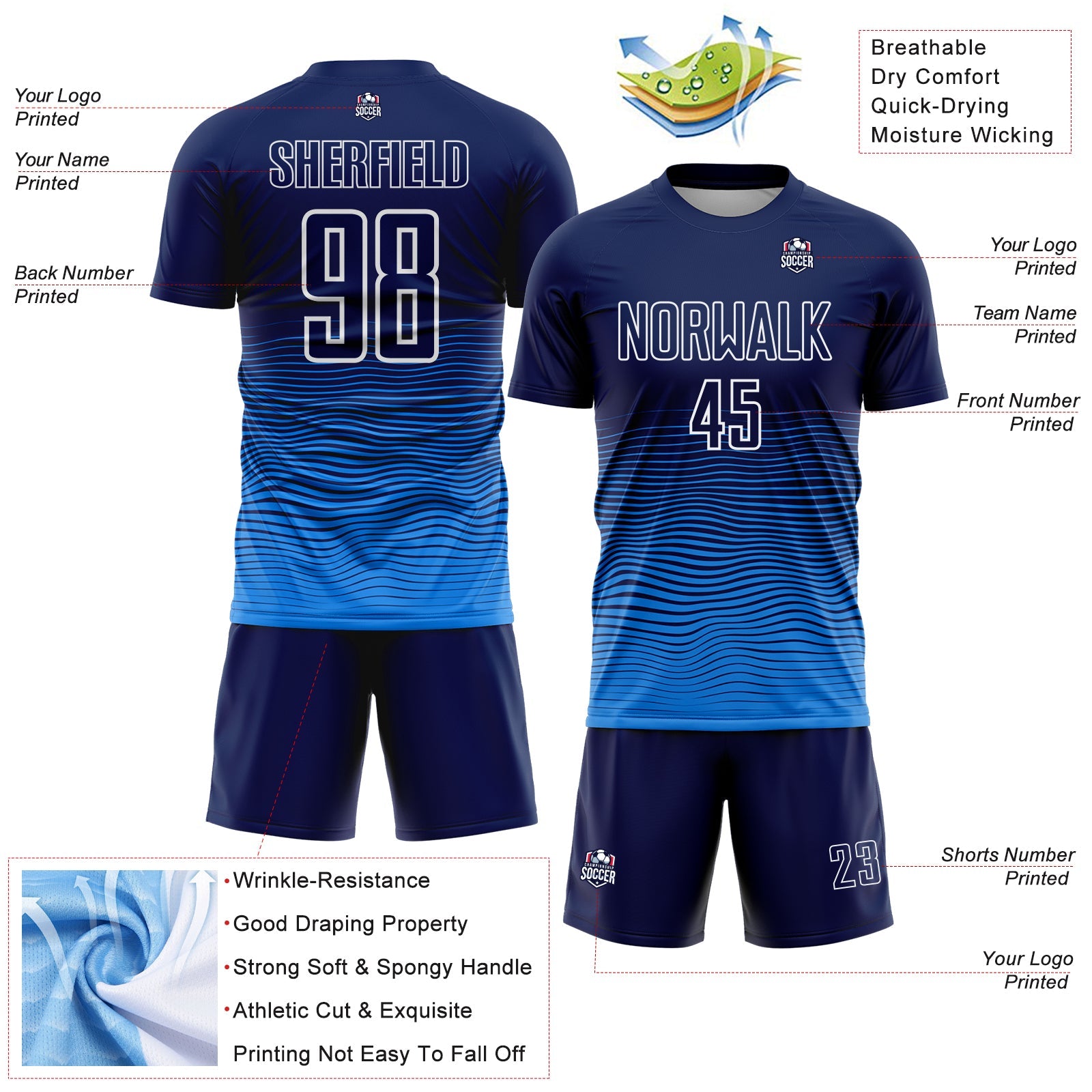 Custom Navy White-Powder Blue Gradient Wave Line Sports Sublimation Soccer Uniform Jersey view 4