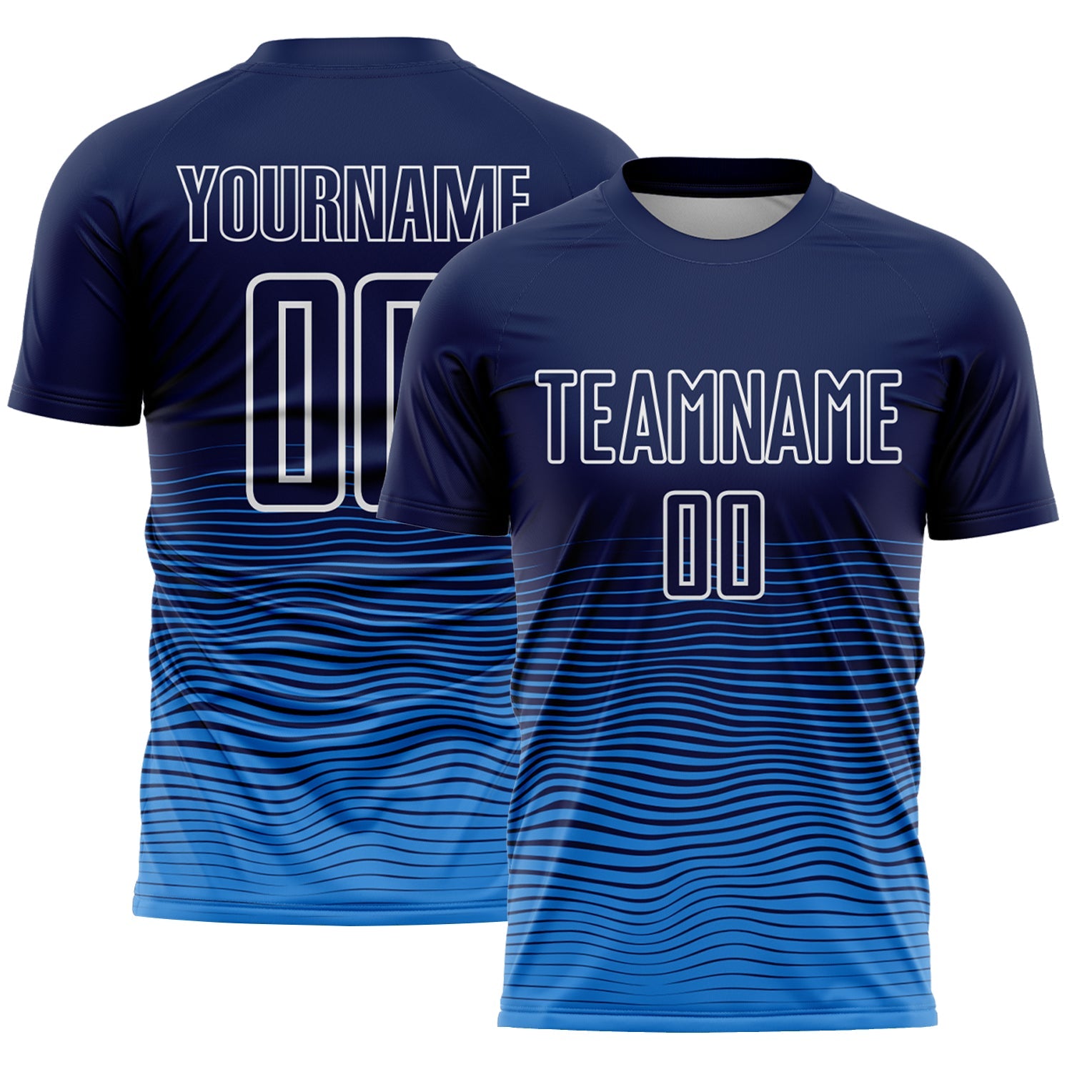 Custom Navy White-Powder Blue Gradient Wave Line Sports Sublimation Soccer Uniform Jersey - Main View