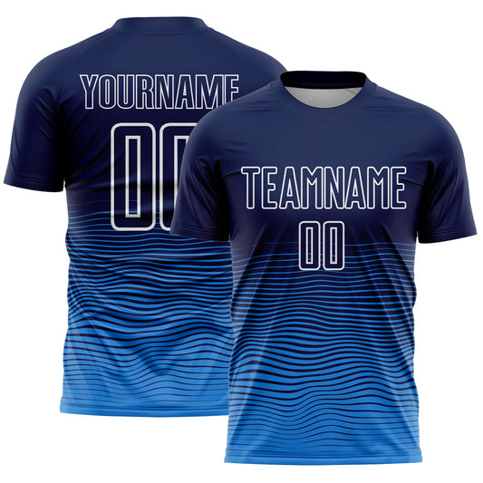 Custom Navy White-Powder Blue Gradient Wave Line Sports Sublimation Soccer Uniform Jersey - Main View