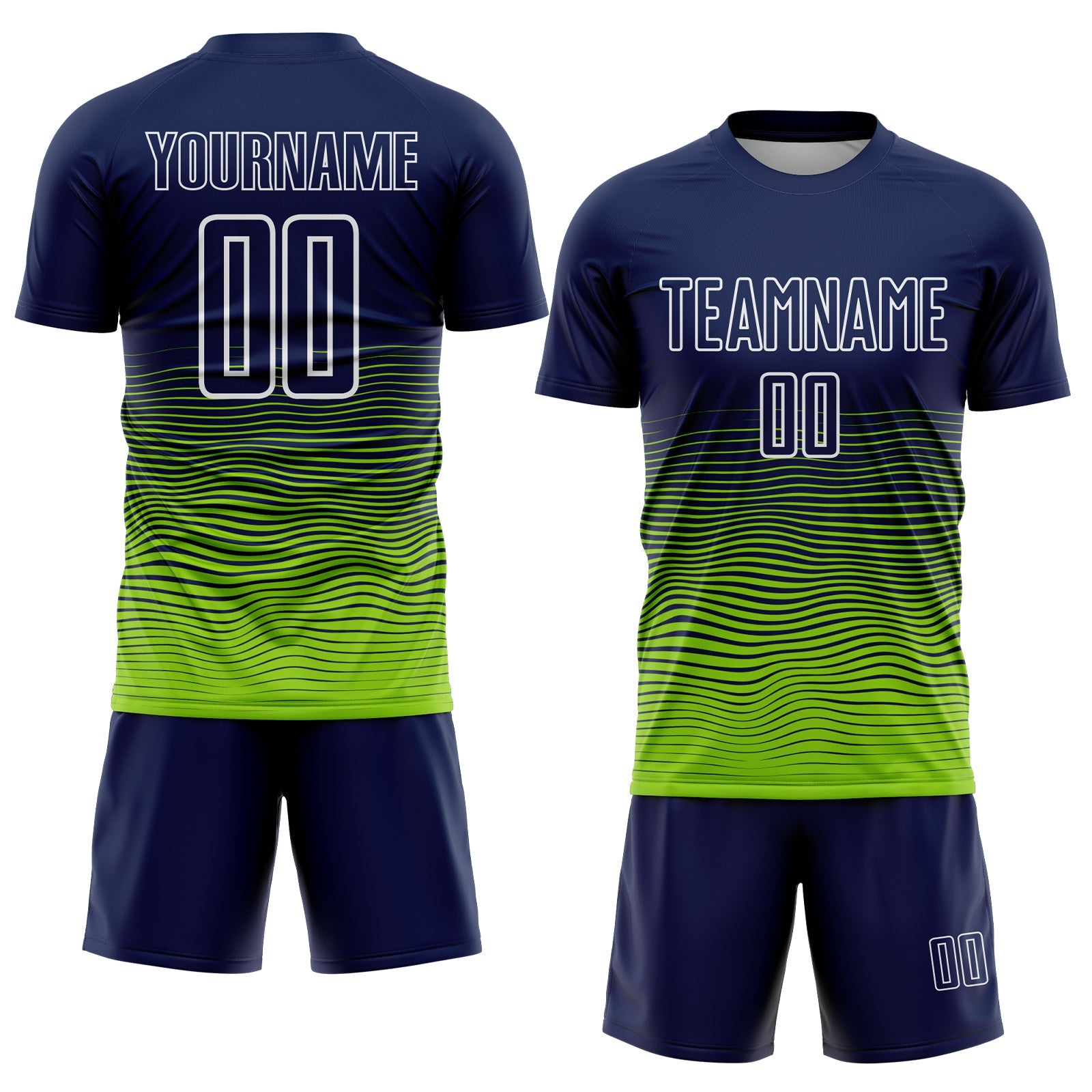 Custom Navy White-Neon Green Gradient Wave Line Sports Sublimation Soccer Uniform Jersey view 2