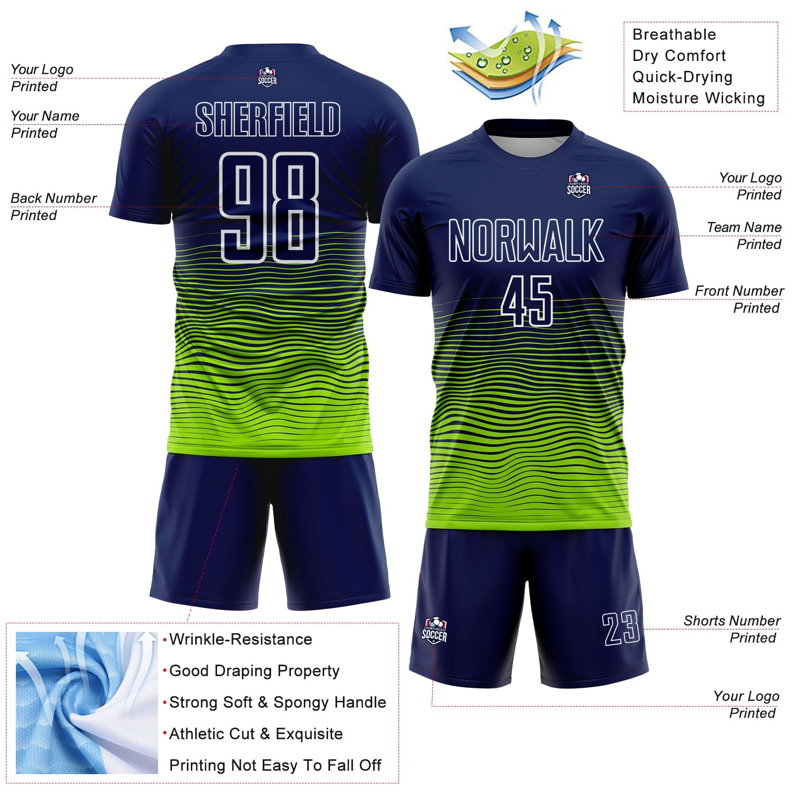 Custom Navy White-Neon Green Gradient Wave Line Sports Sublimation Soccer Uniform Jersey view 4