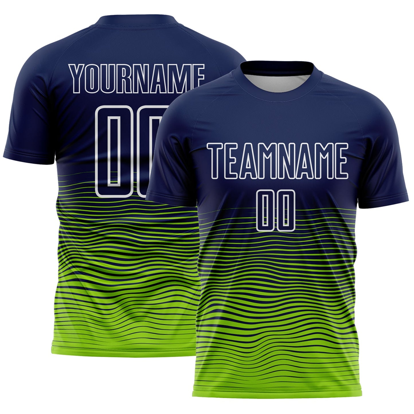 Custom Navy White-Neon Green Gradient Wave Line Sports Sublimation Soccer Uniform Jersey - Main View