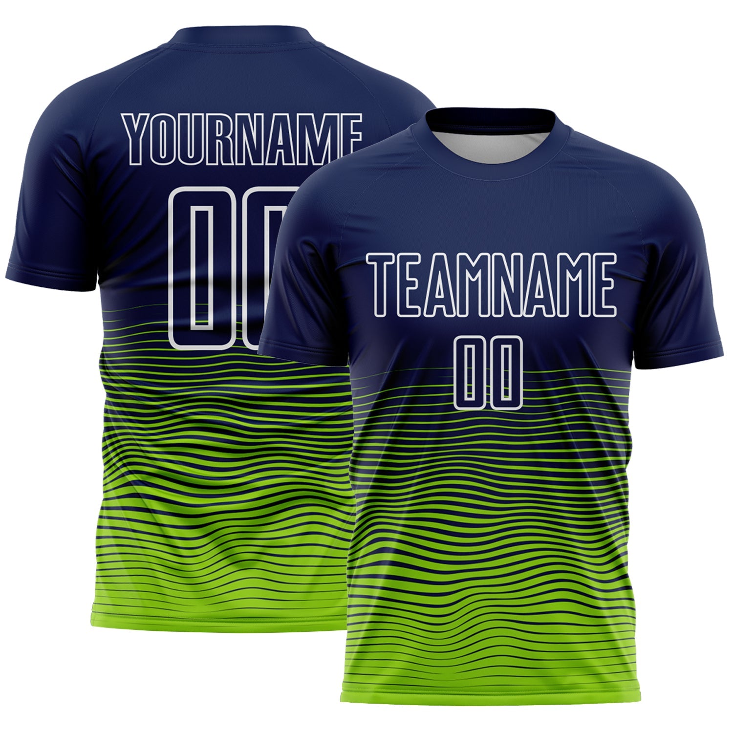 Custom Navy White-Neon Green Gradient Wave Line Sports Sublimation Soccer Uniform Jersey - Main View