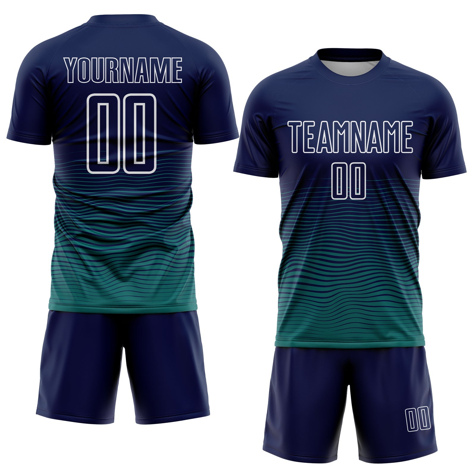Custom Navy White-Teal Gradient Wave Line Sports Sublimation Soccer Uniform Jersey view 2