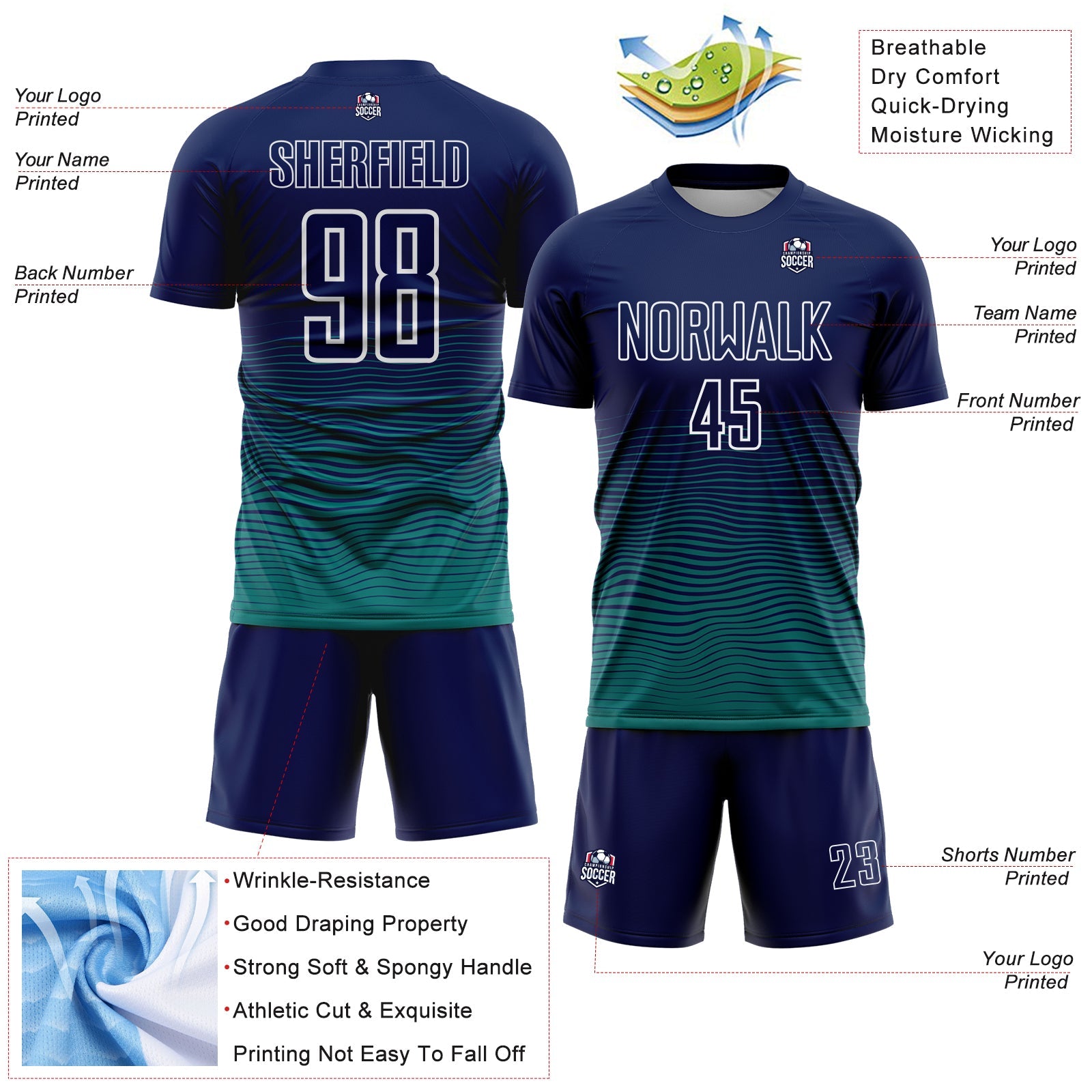 Custom Navy White-Teal Gradient Wave Line Sports Sublimation Soccer Uniform Jersey view 4
