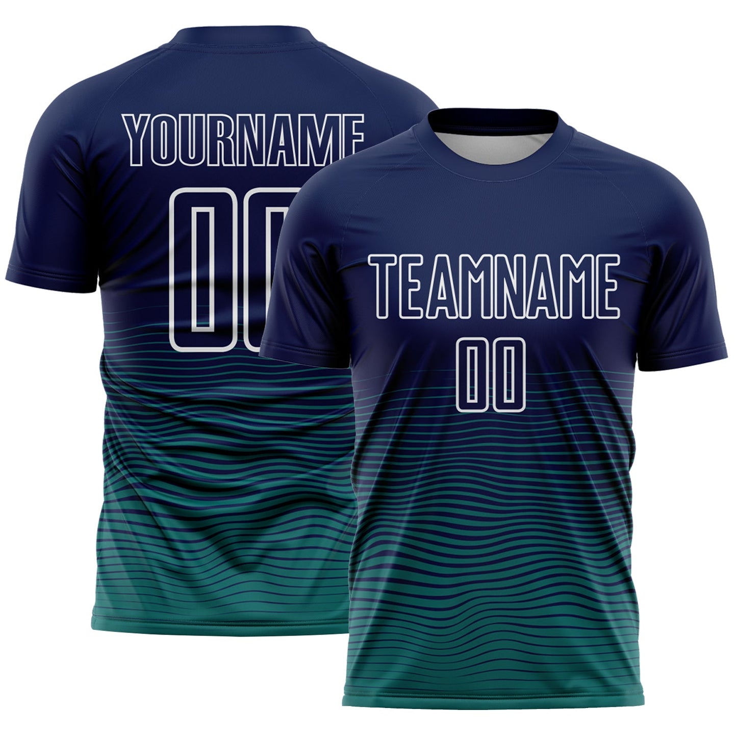 Custom Navy White-Teal Gradient Wave Line Sports Sublimation Soccer Uniform Jersey - Main View