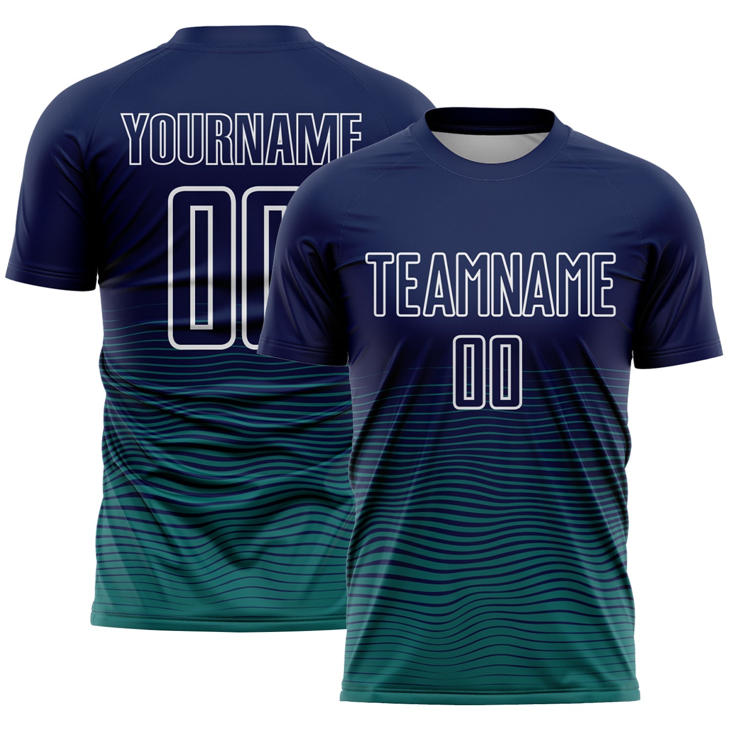 Custom Navy White-Teal Gradient Wave Line Sports Sublimation Soccer Uniform Jersey - Main View